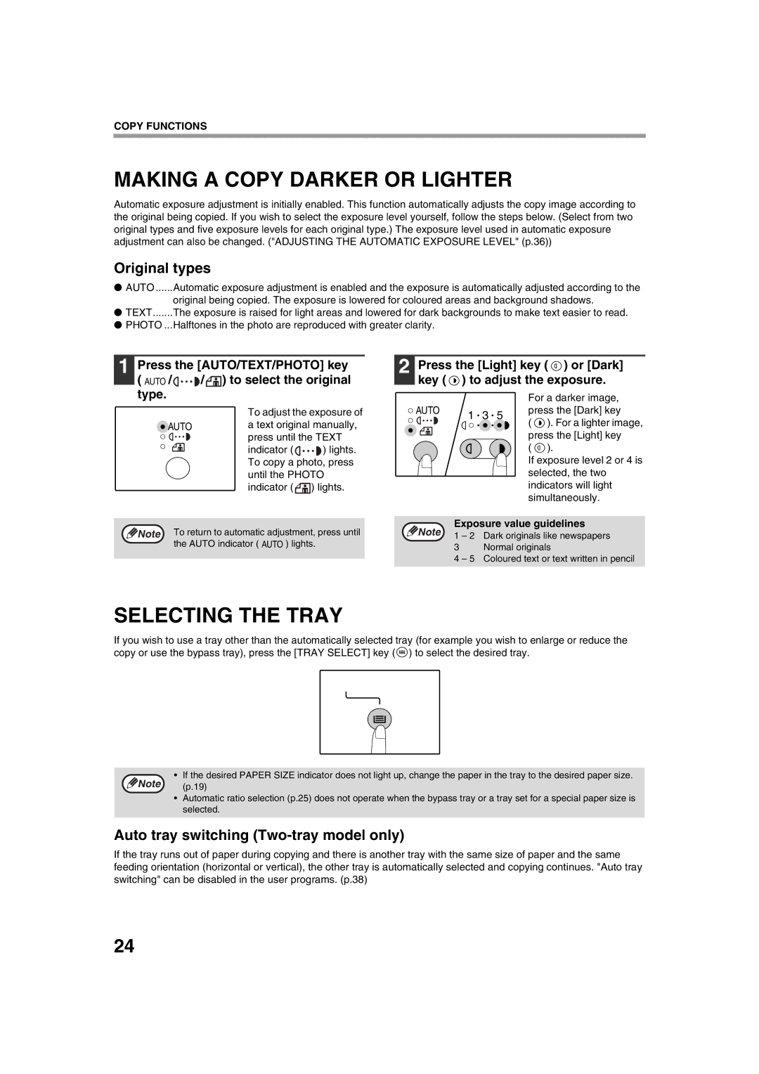 Sharp AL-1644 Making a Copy Darker or Lighter, Selecting the Tray, Original types, Auto tray switching Two-tray model only 