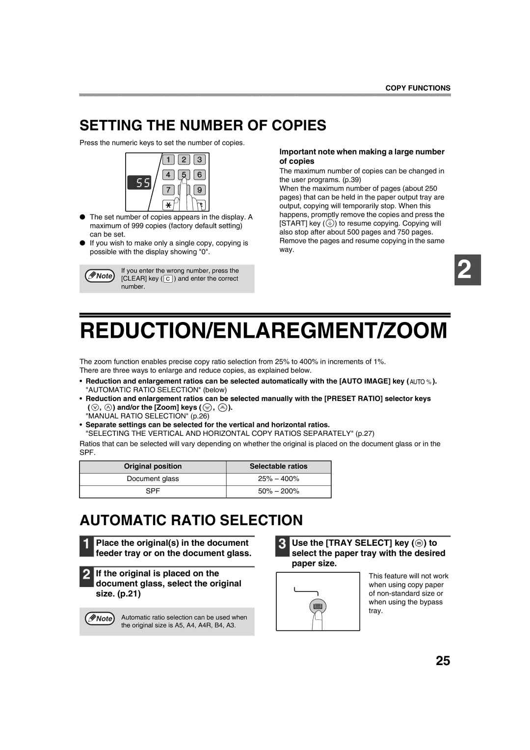 Sharp AL-1633, AL-1644 operation manual Reduction/Enlaregment/Zoom, Setting the Number of Copies, Automatic Ratio Selection 