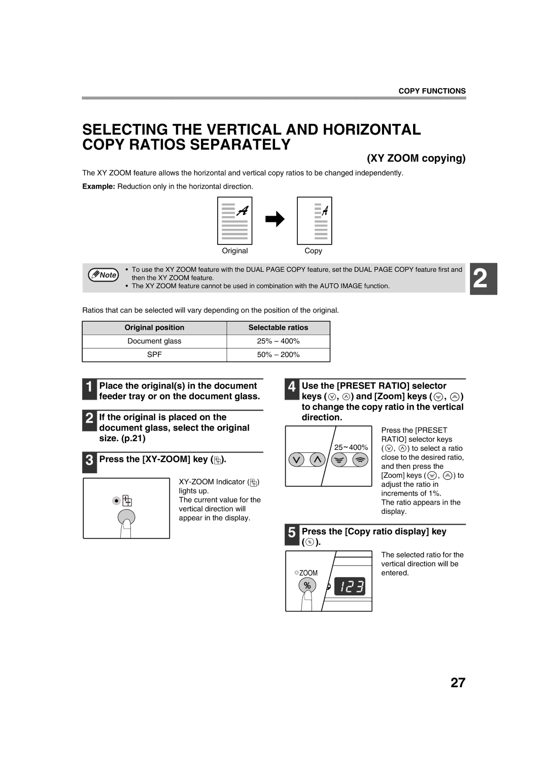 Sharp AL-1633, AL-1644 operation manual XY Zoom copying, Press the Copy ratio display key 