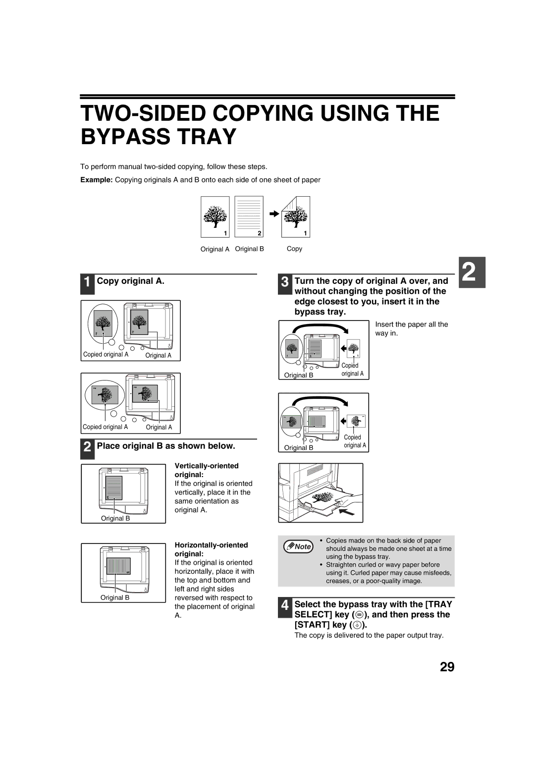 Sharp AL-1633, AL-1644 TWO-SIDED Copying Using the Bypass Tray, Copy original a, Place original B as shown below 