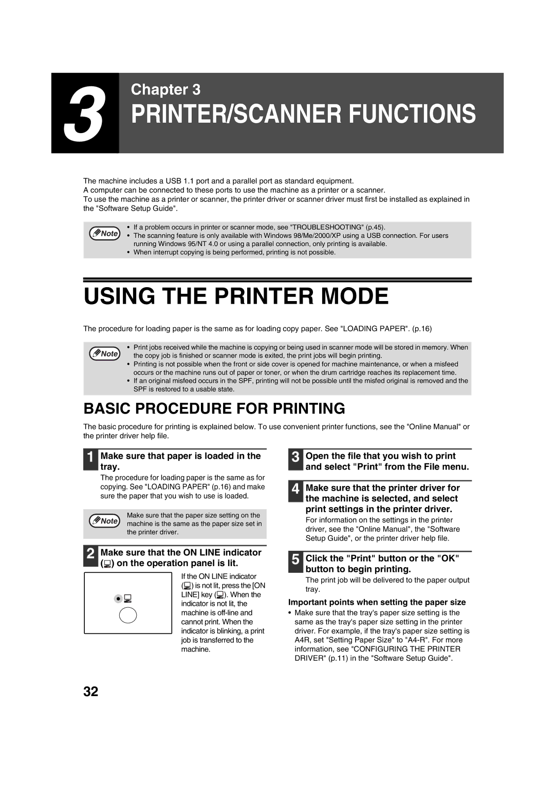 Sharp AL-1644, AL-1633 Using the Printer Mode, Basic Procedure for Printing, Make sure that paper is loaded in the tray 