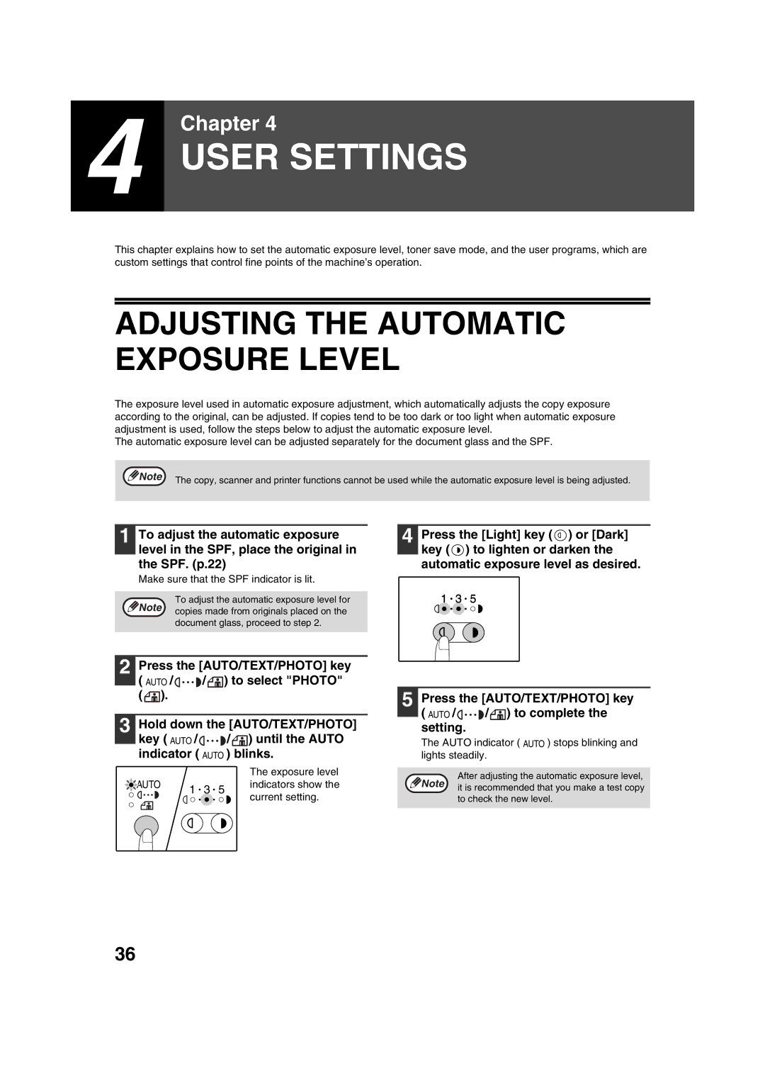 Sharp AL-1644, AL-1633 operation manual Adjusting the Automatic Exposure Level 