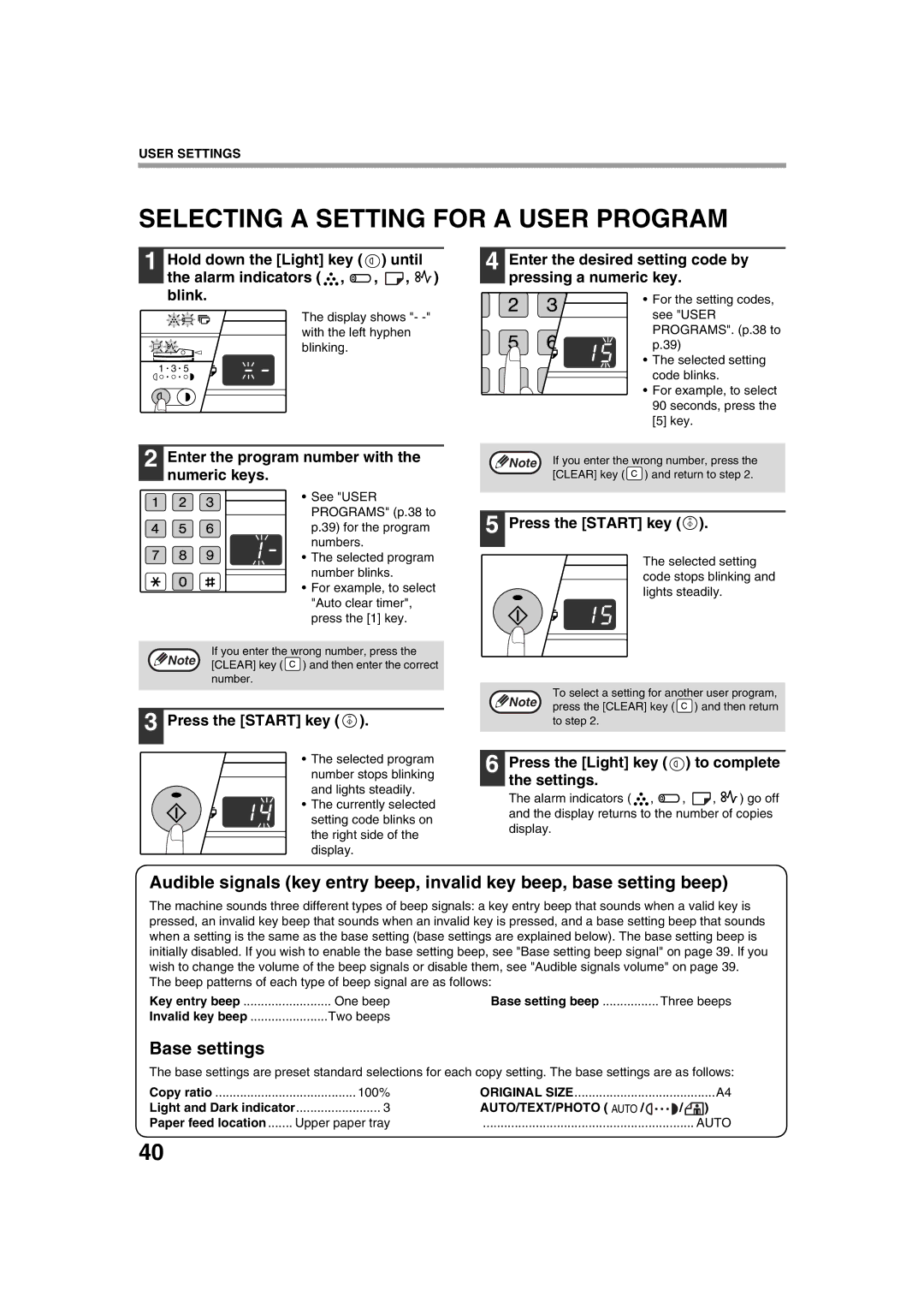 Sharp AL-1644, AL-1633 operation manual Selecting a Setting for a User Program, Base settings 