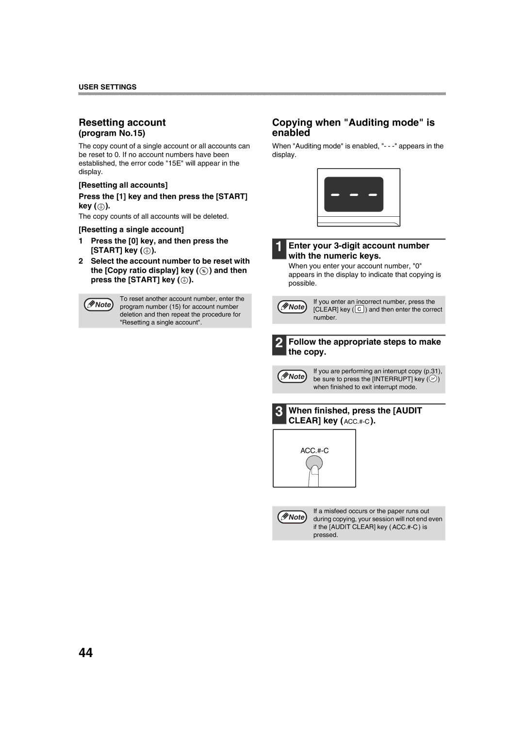 Sharp AL-1644, AL-1633 operation manual Resetting account, Copying when Auditing mode is enabled 