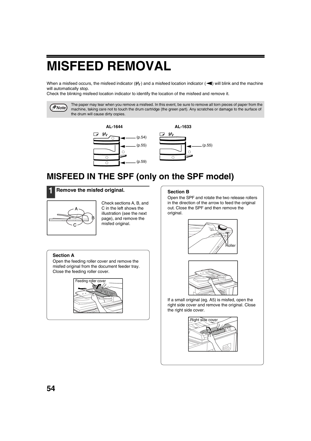 Sharp operation manual Misfeed Removal, Remove the misfed original, AL-1644 AL-1633 