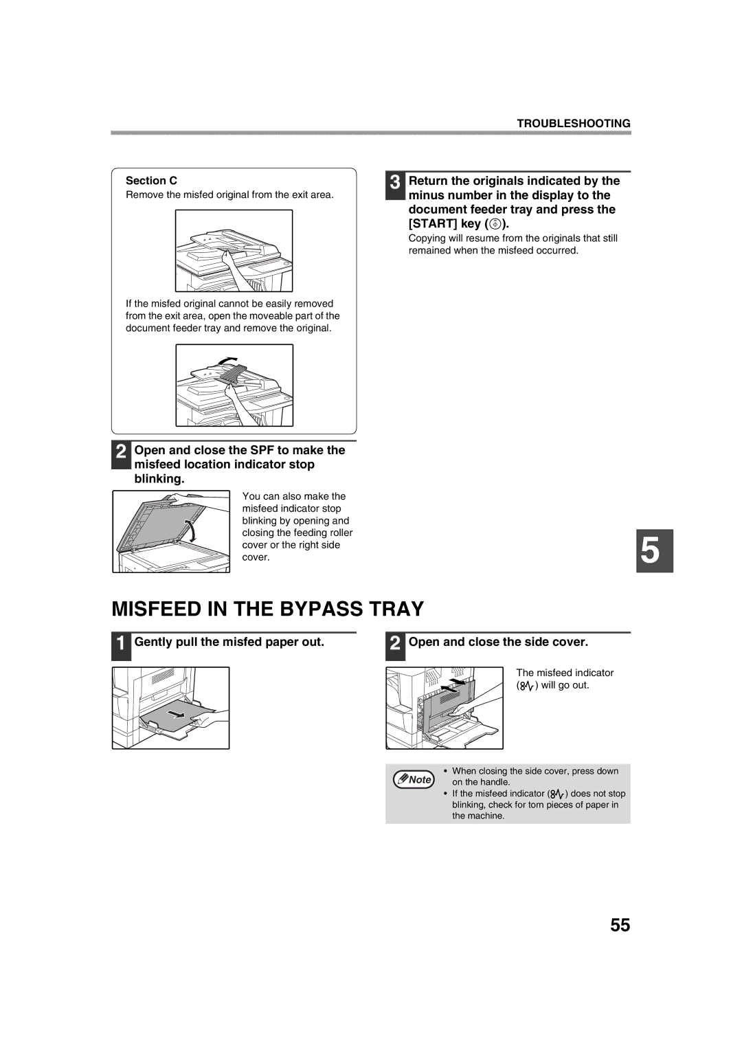 Sharp AL-1633, AL-1644 operation manual Misfeed in the Bypass Tray, Misfeed indicator will go out 