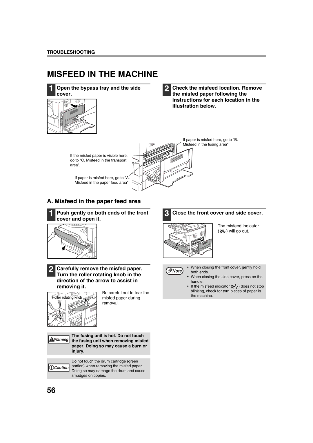 Sharp AL-1644, AL-1633 operation manual Misfeed in the Machine, Misfeed in the paper feed area 