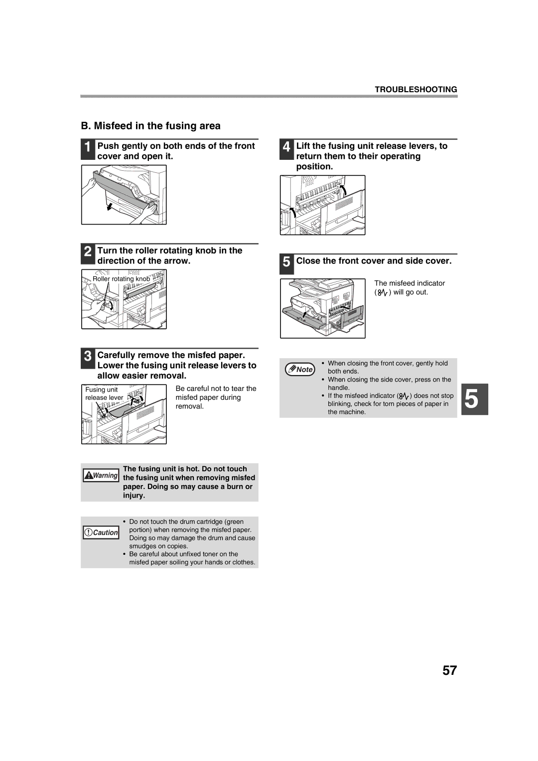 Sharp AL-1633, AL-1644 operation manual Misfeed in the fusing area, Allow easier removal, Misfed paper during 