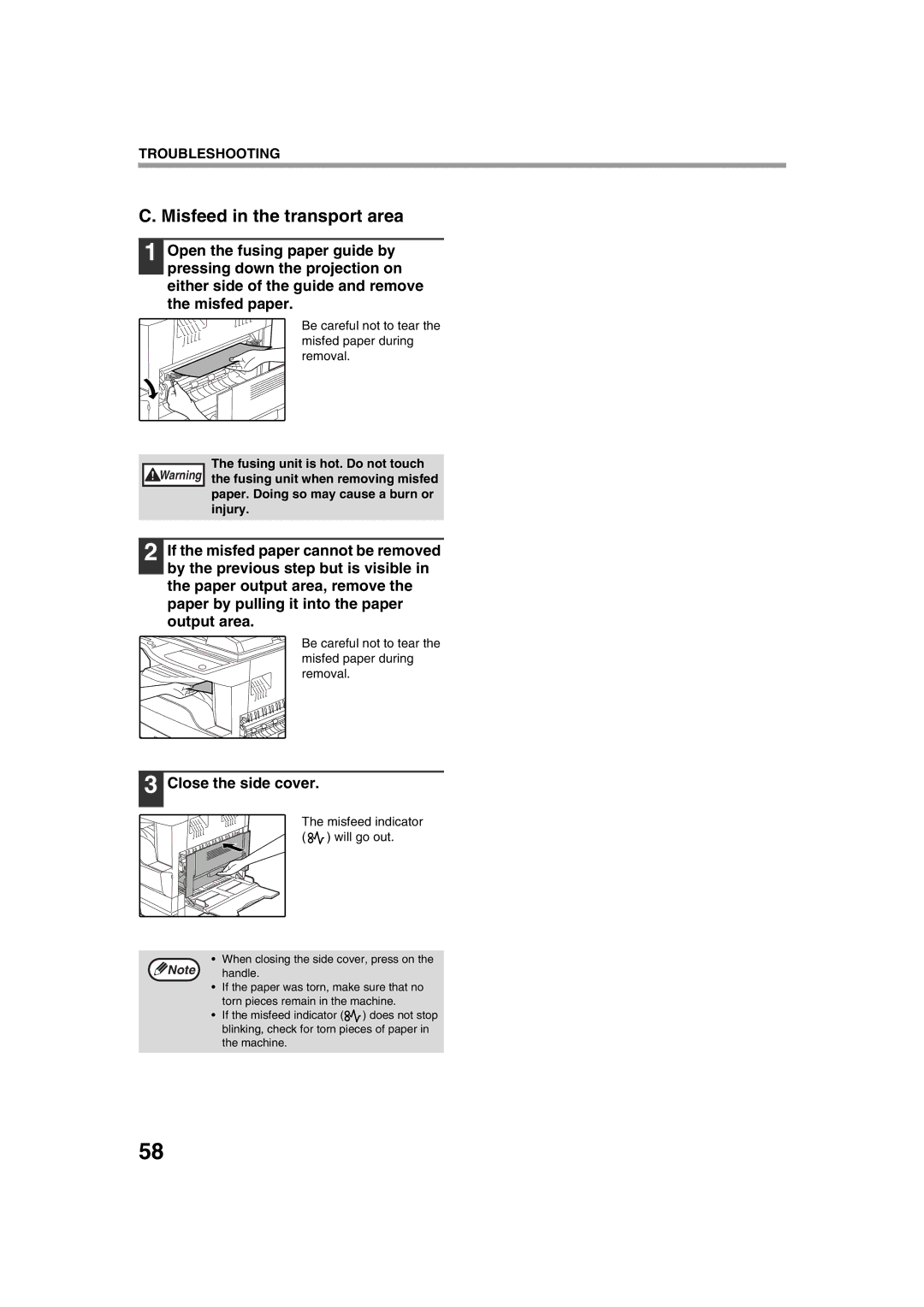 Sharp AL-1644 Misfeed in the transport area, Close the side cover, Be careful not to tear the misfed paper during removal 