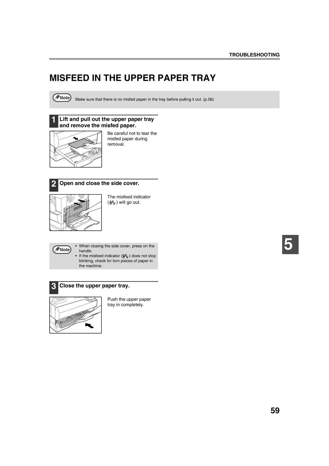 Sharp AL-1633 Misfeed in the Upper Paper Tray, Close the upper paper tray, Push the upper paper tray in completely 