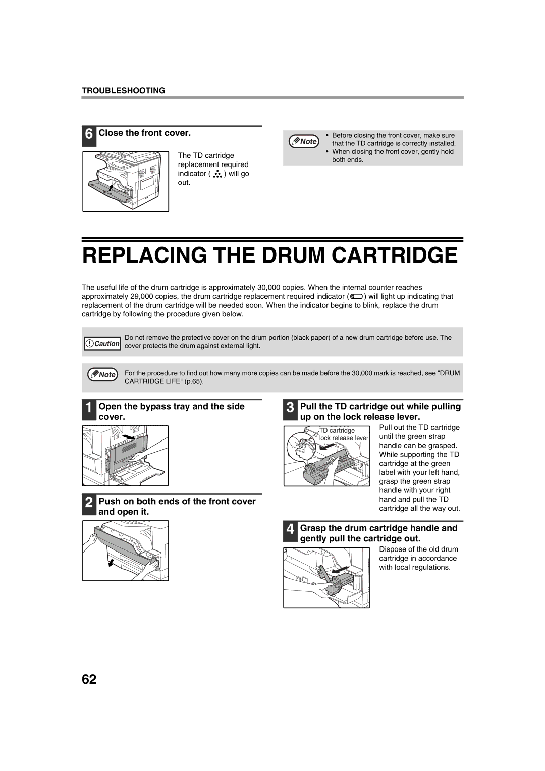 Sharp AL-1644, AL-1633 operation manual Replacing the Drum Cartridge, Close the front cover 