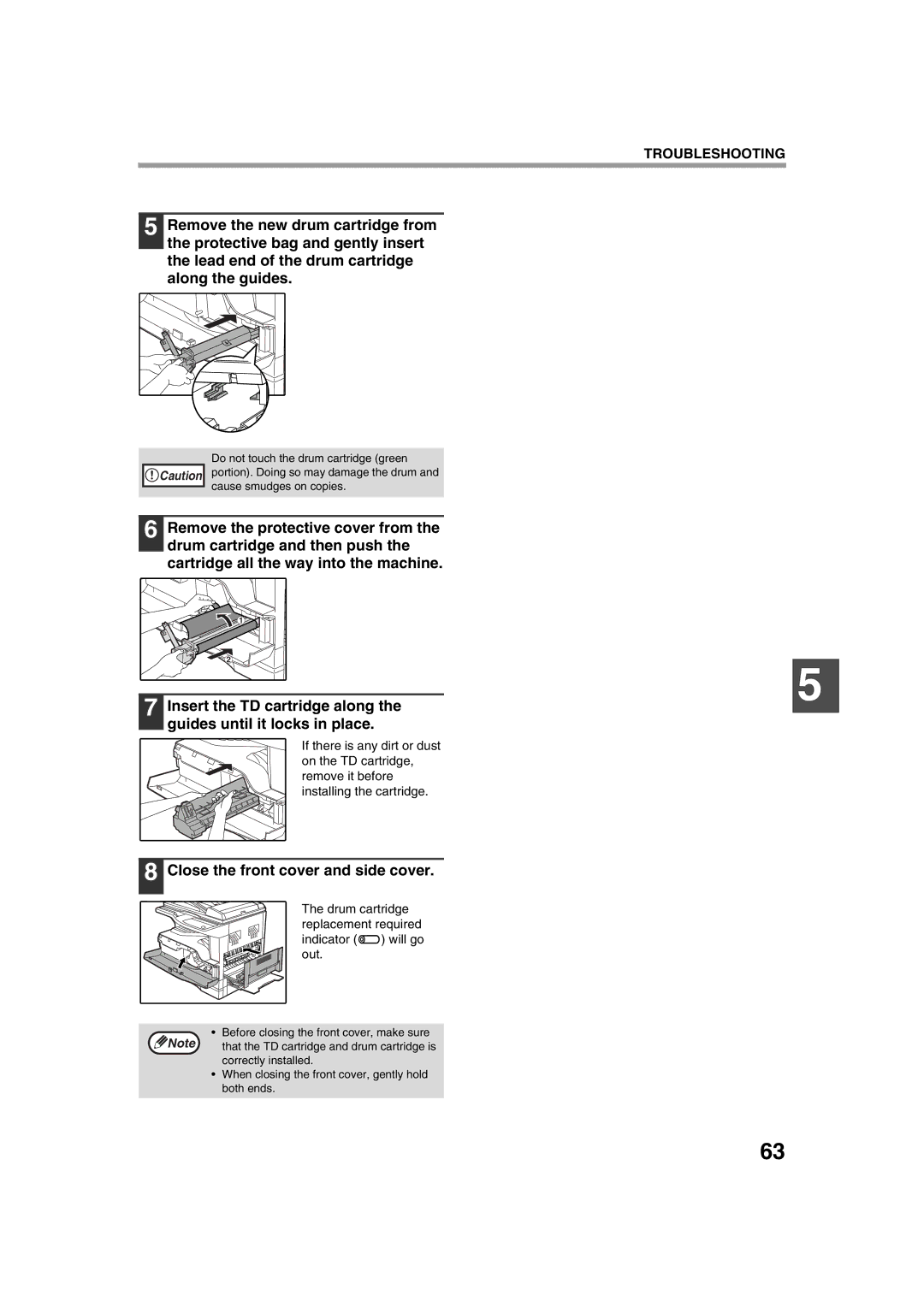 Sharp AL-1633, AL-1644 Close the front cover and side cover, Drum cartridge replacement required Indicator will go out 