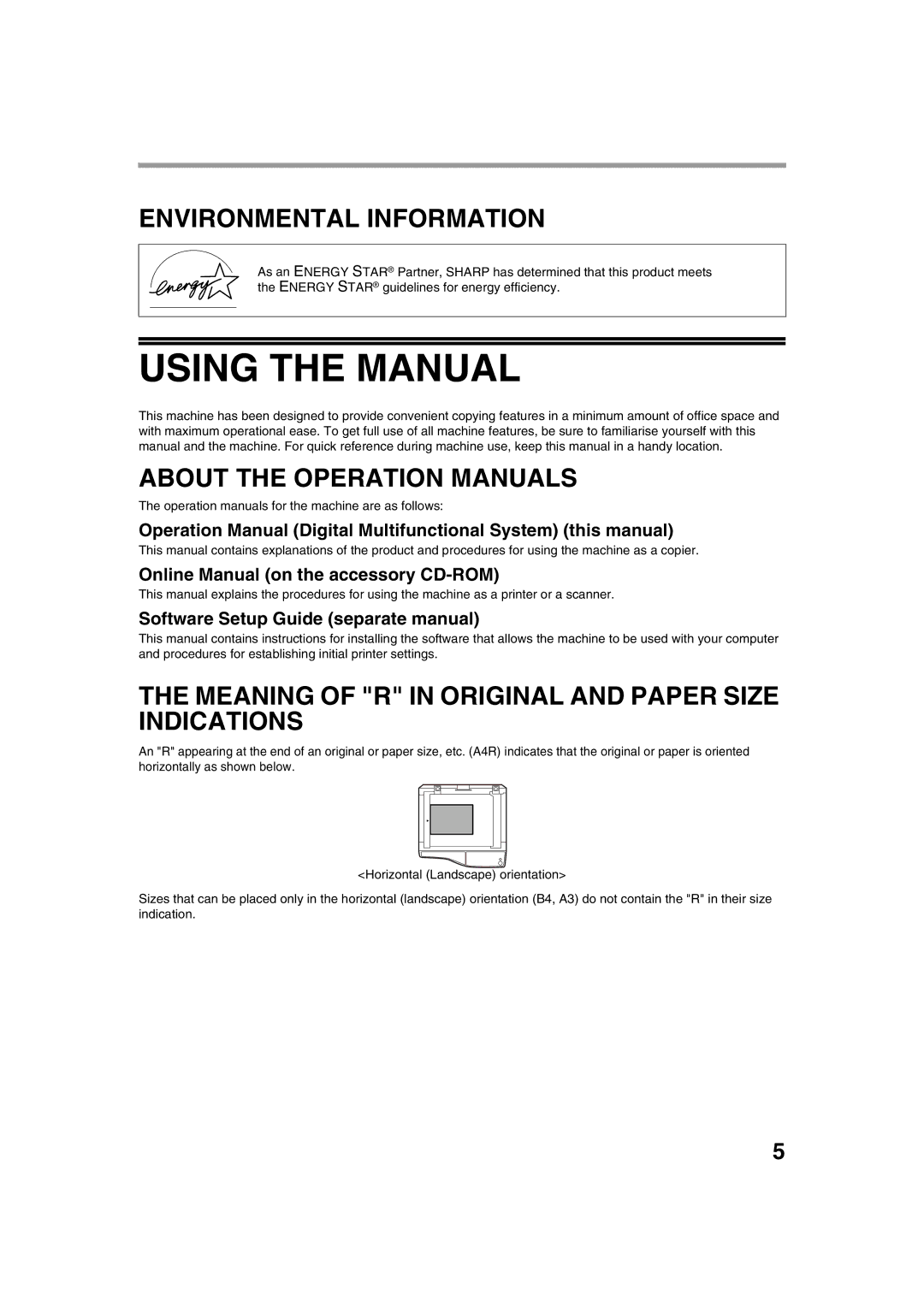 Sharp AL-1633, AL-1644 Using the Manual, Environmental Information, Meaning of R in Original and Paper Size Indications 