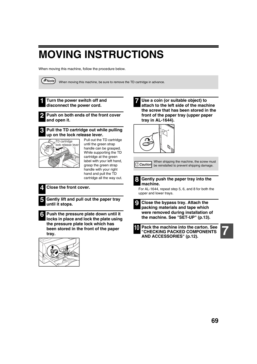 Sharp AL-1633, AL-1644 Moving Instructions, Accessories p.12, When moving this machine, follow the procedure below 