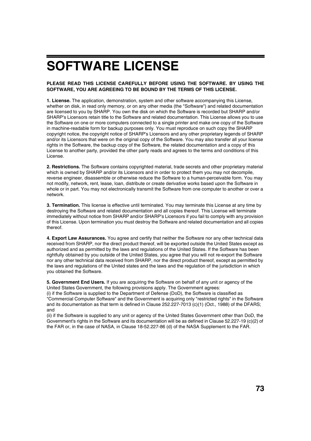 Sharp AL-1633, AL-1644 operation manual Software License 