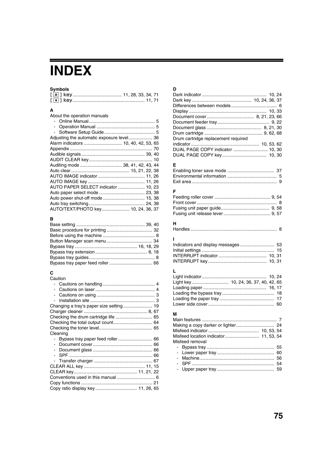 Sharp AL-1633, AL-1644 operation manual Index, Symbols 