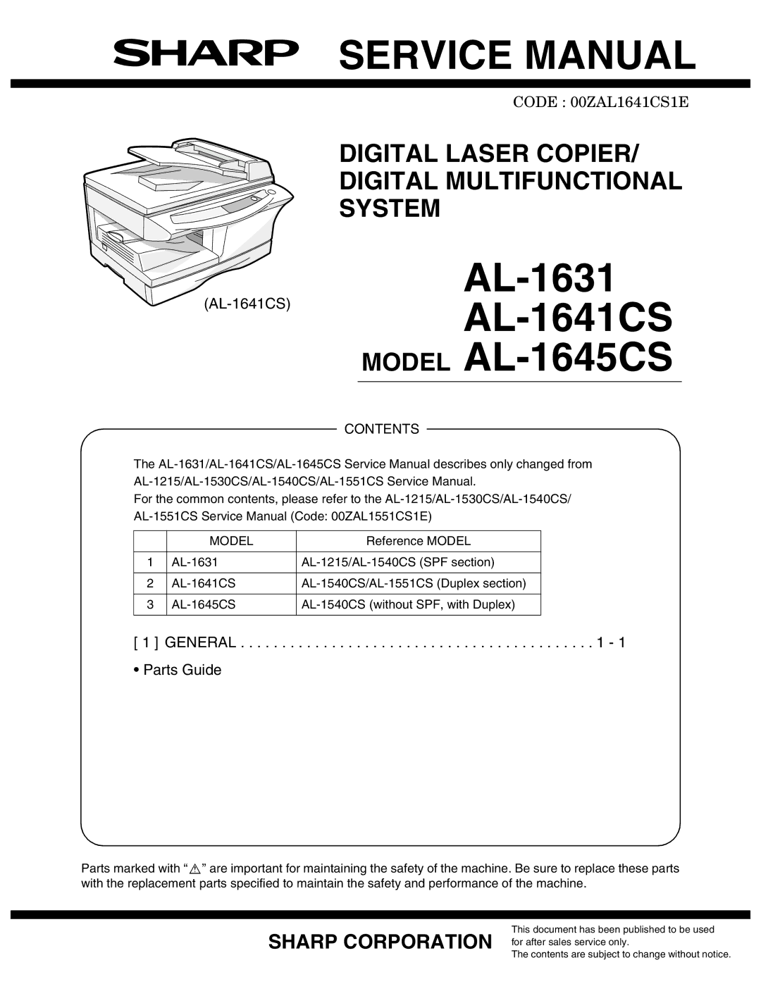 Sharp AL-1641CS, AL-1645CS service manual General Parts Guide 