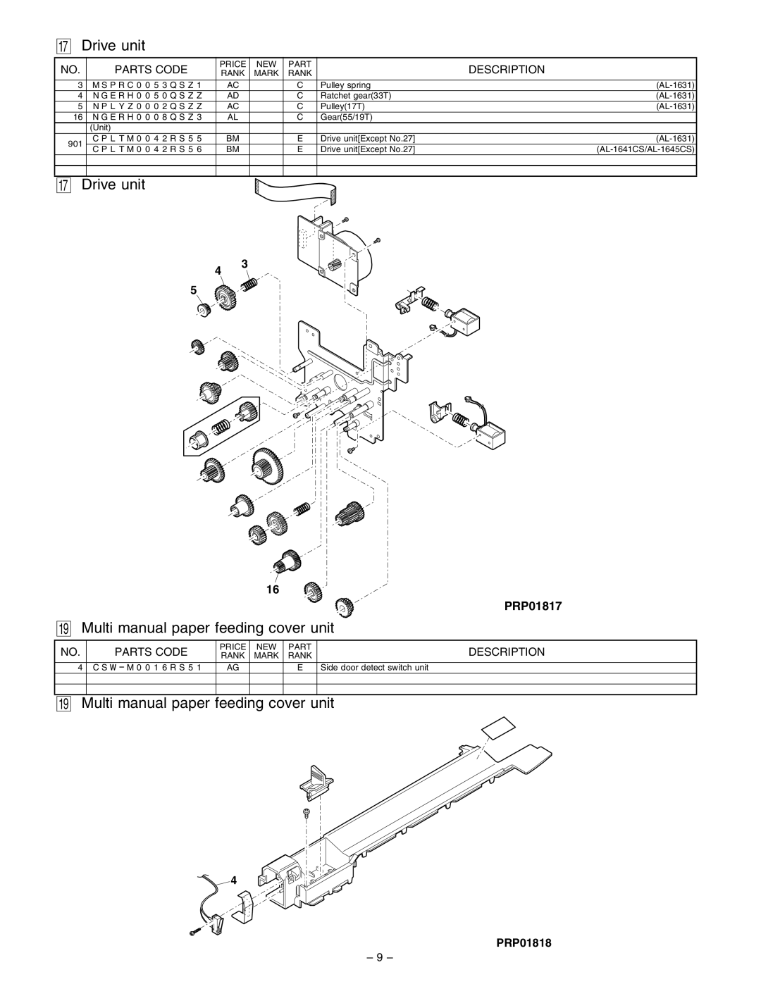 Sharp AL-1645CS, AL-1641CS service manual Drive unit, Multi manual paper feeding cover unit 