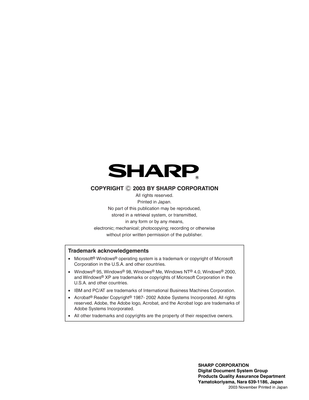 Sharp AL-1645CS, AL-1641CS service manual Trademark acknowledgements 