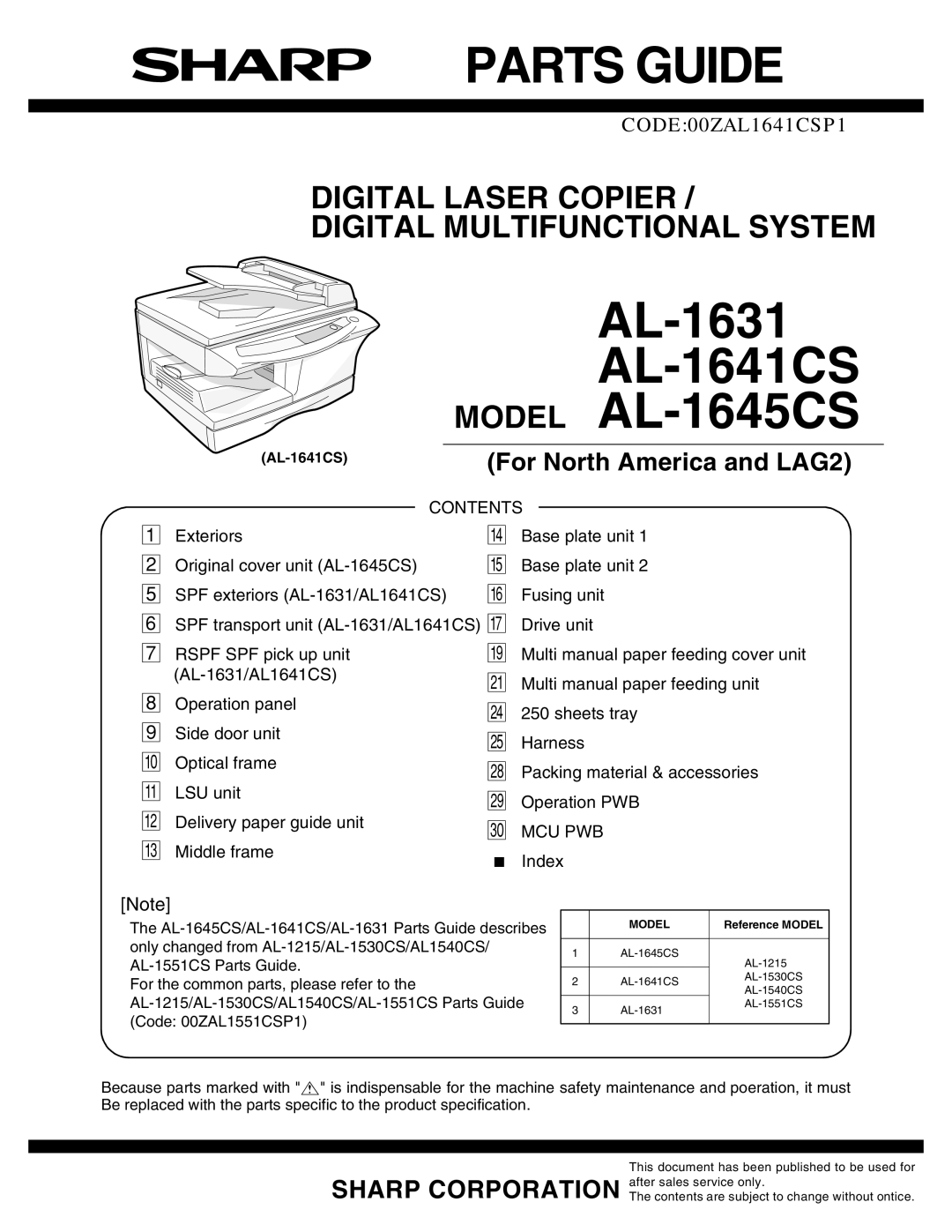 Sharp AL-1641CS, AL-1645CS service manual Parts Guide 