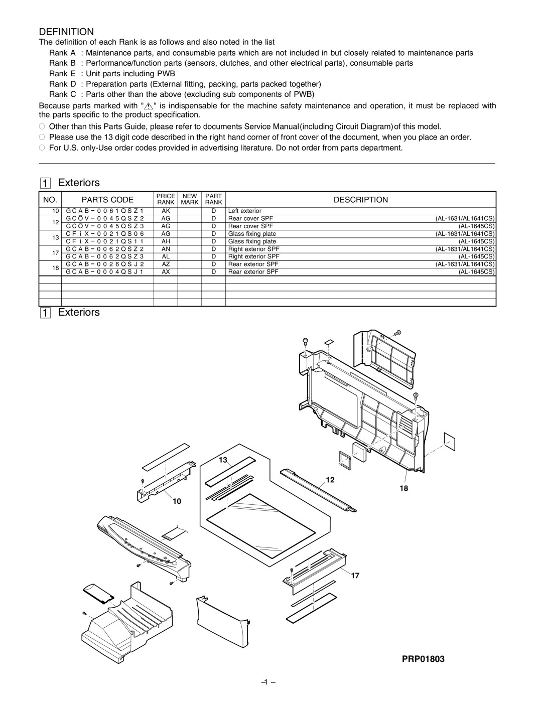 Sharp AL-1645CS, AL-1641CS service manual Exteriors, Definition 