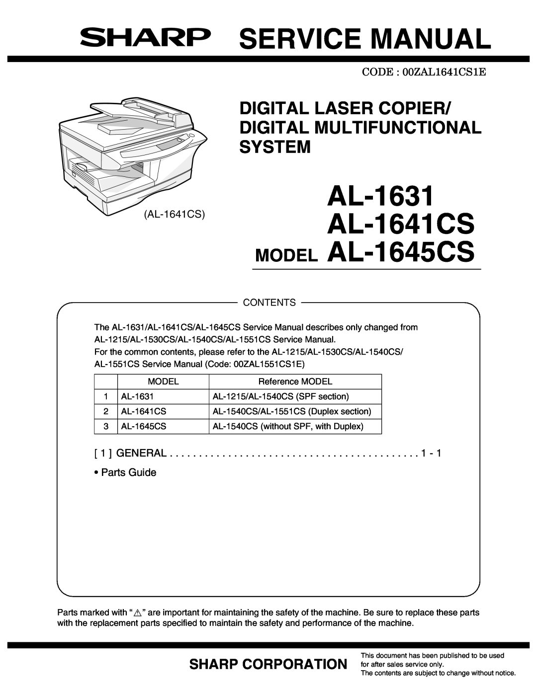 Sharp service manual Service Manual, AL-1631 AL-1641CS MODEL AL-1645CS, Sharp Corporation, Parts Guide 