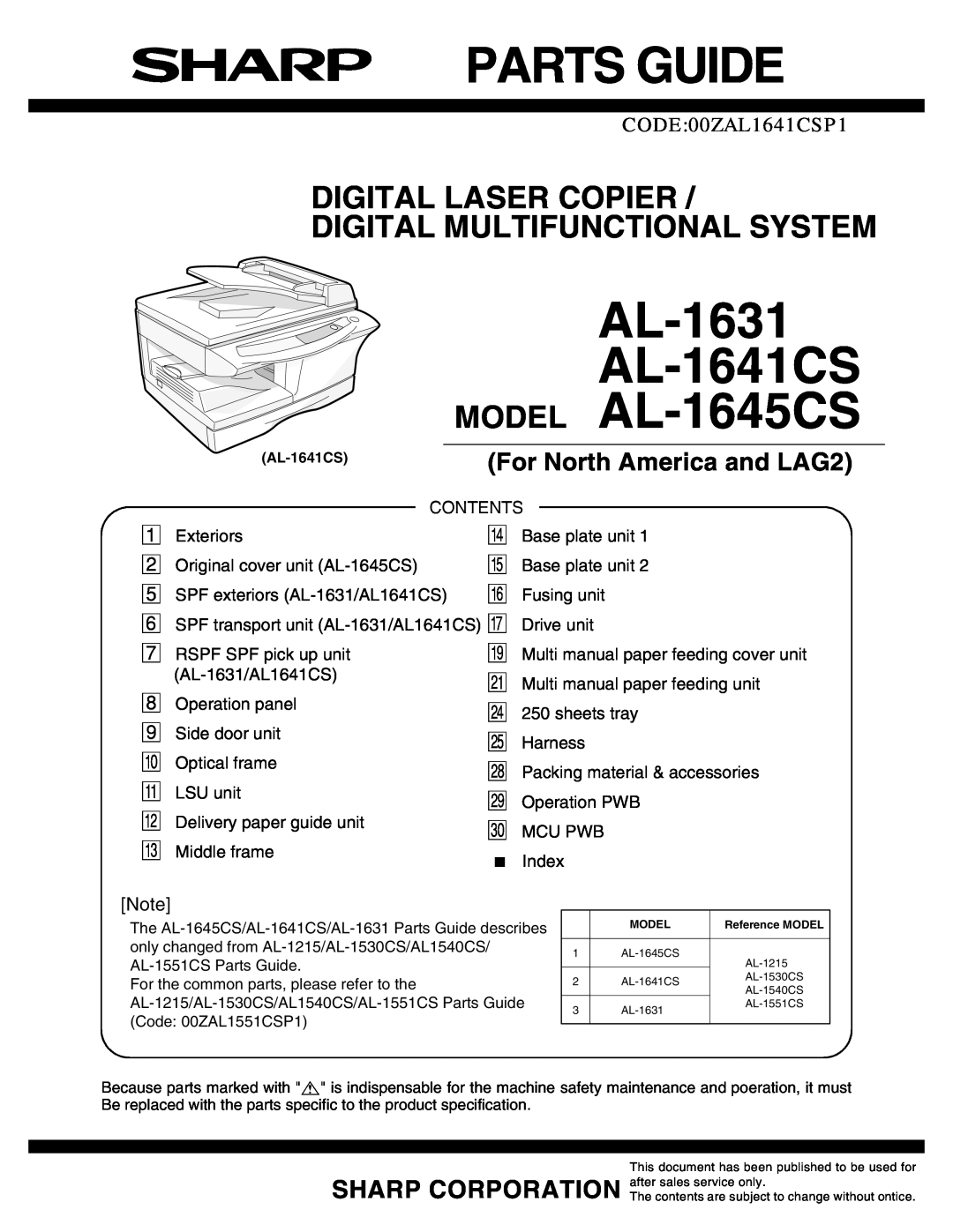 Sharp service manual q PARTS GUIDE, For North America and LAG2, AL-1631 AL-1641CS MODEL AL-1645CS, CODE00ZAL1641CSP1 