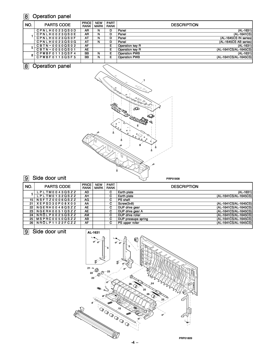 Sharp AL-1641CS, AL-1645CS service manual Operation panel, Side door unit, PRP01808, 2624, PRP01809 