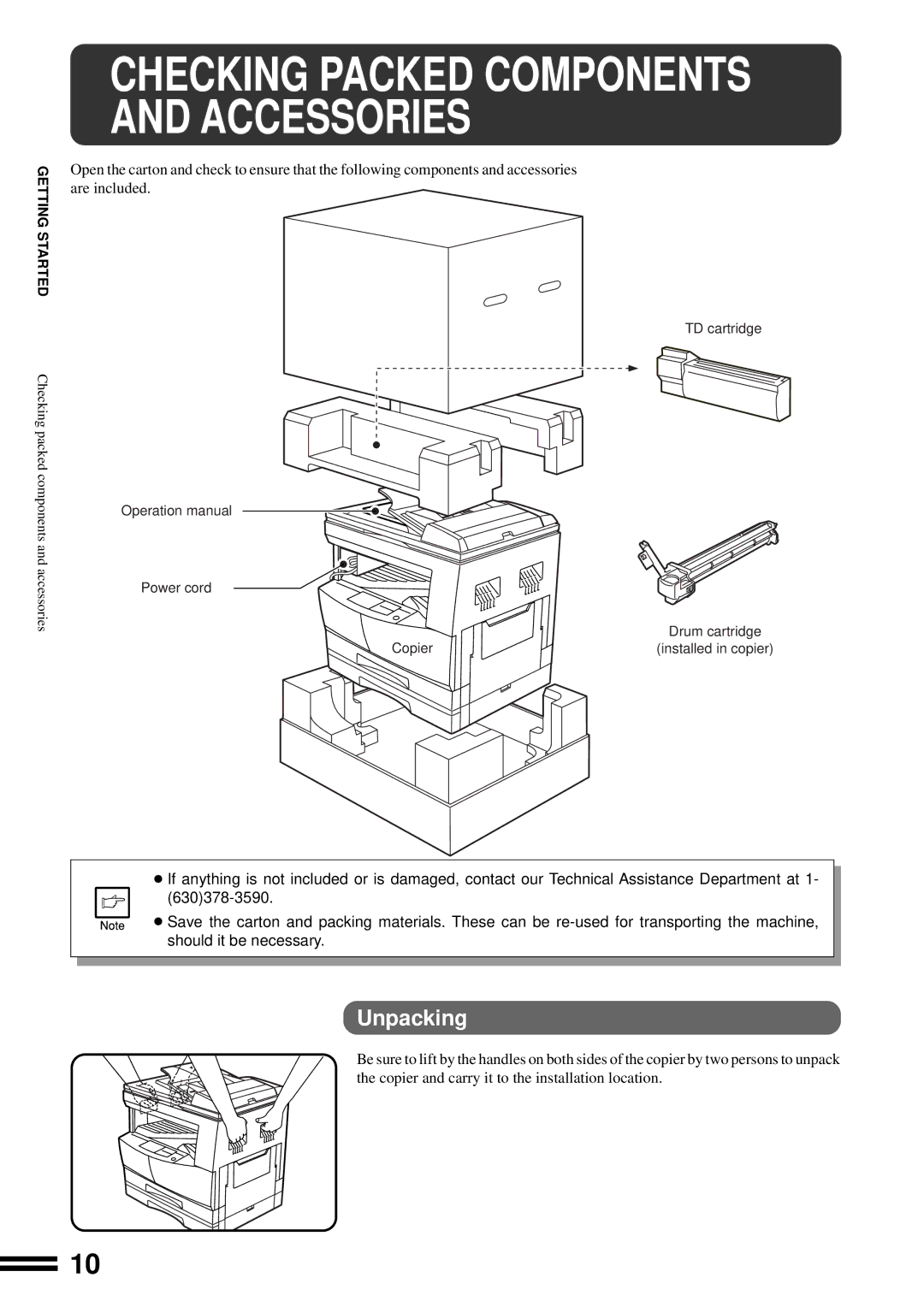 Sharp AL-1650 operation manual Checking Packed Components and Accessories, Unpacking 