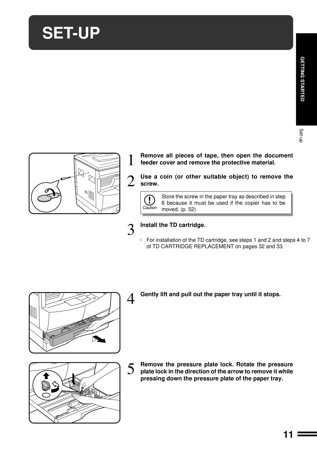 Sharp AL-1650 operation manual Set-Up, Install the TD cartridge, Gently lift and pull out the paper tray until it stops 