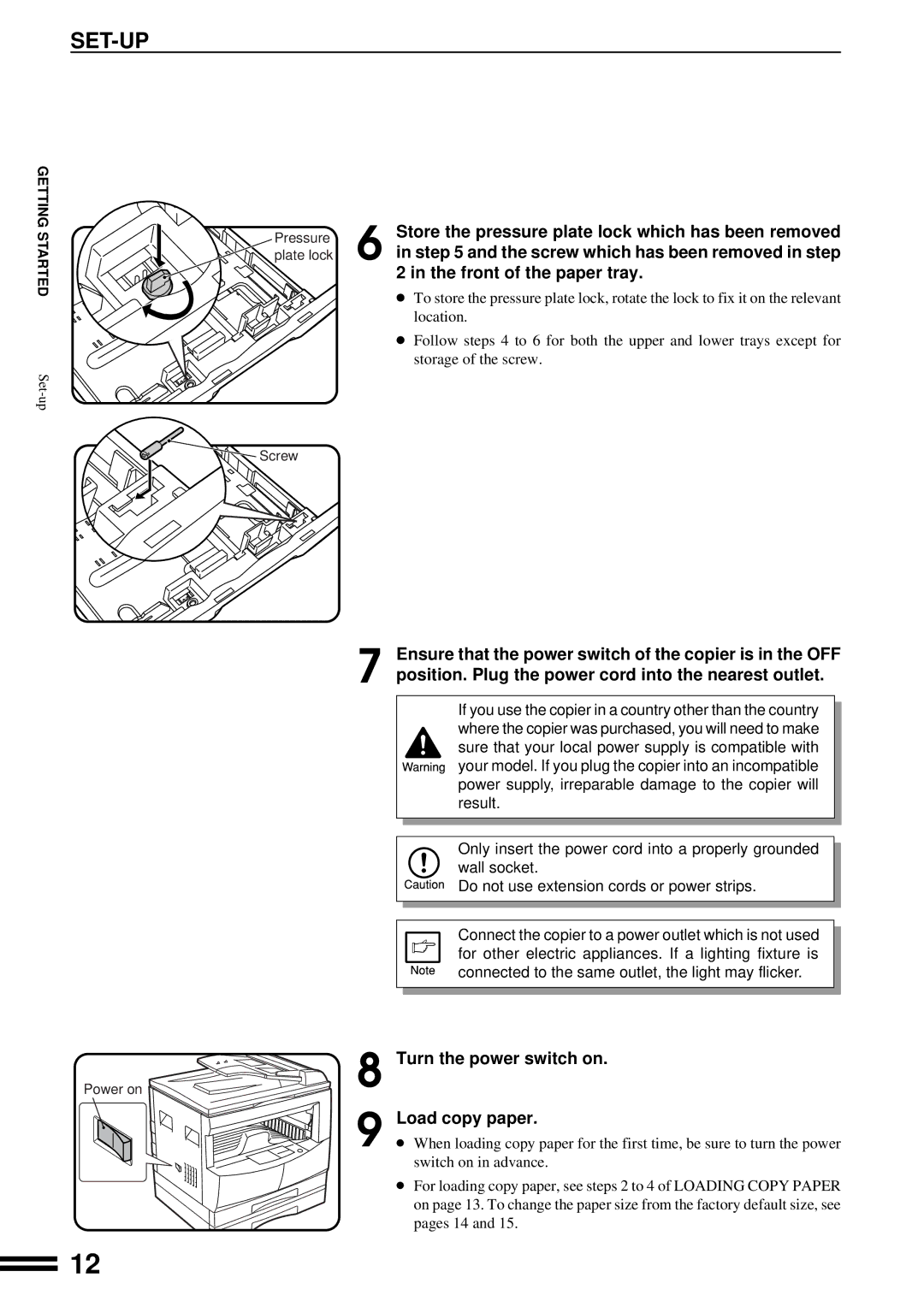 Sharp AL-1650 operation manual Set-Up, Front of the paper tray, Turn the power switch on Load copy paper 