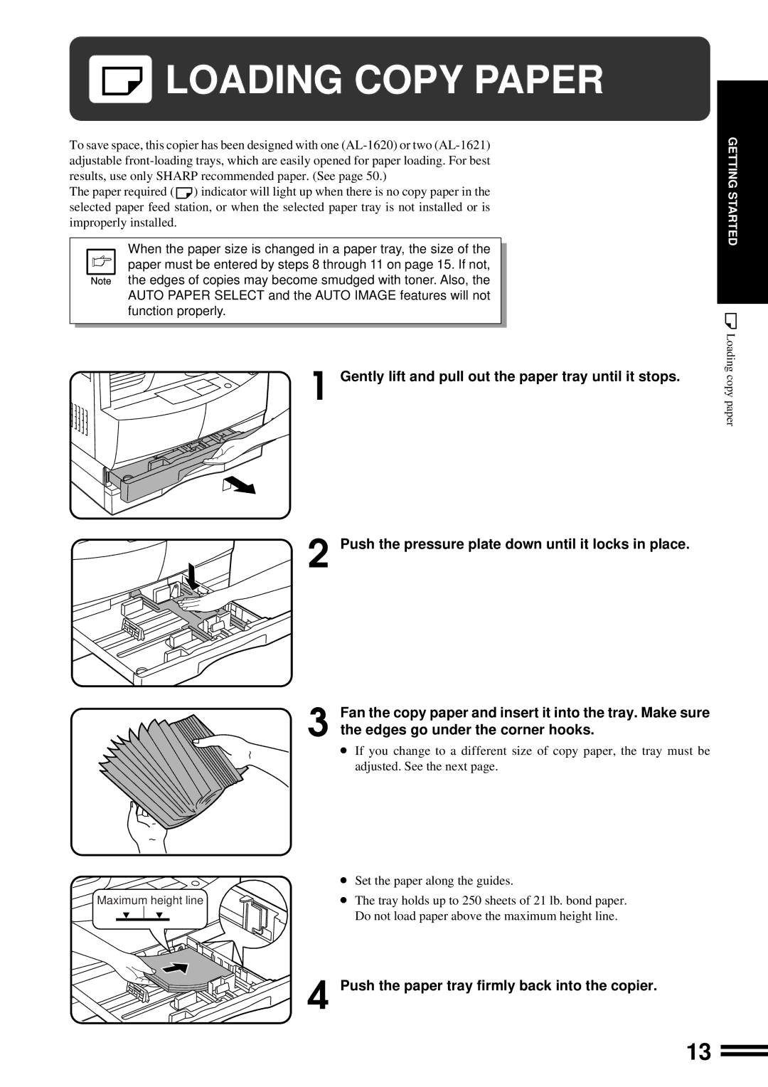 Sharp AL-1650 operation manual Loading Copy Paper, Push the paper tray firmly back into the copier 