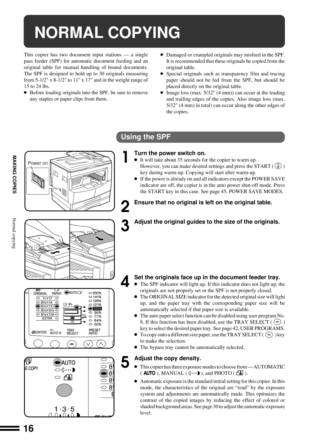 Sharp AL-1650 operation manual Normal Copying, Using the SPF, Turn the power switch on, Adjust the copy density 