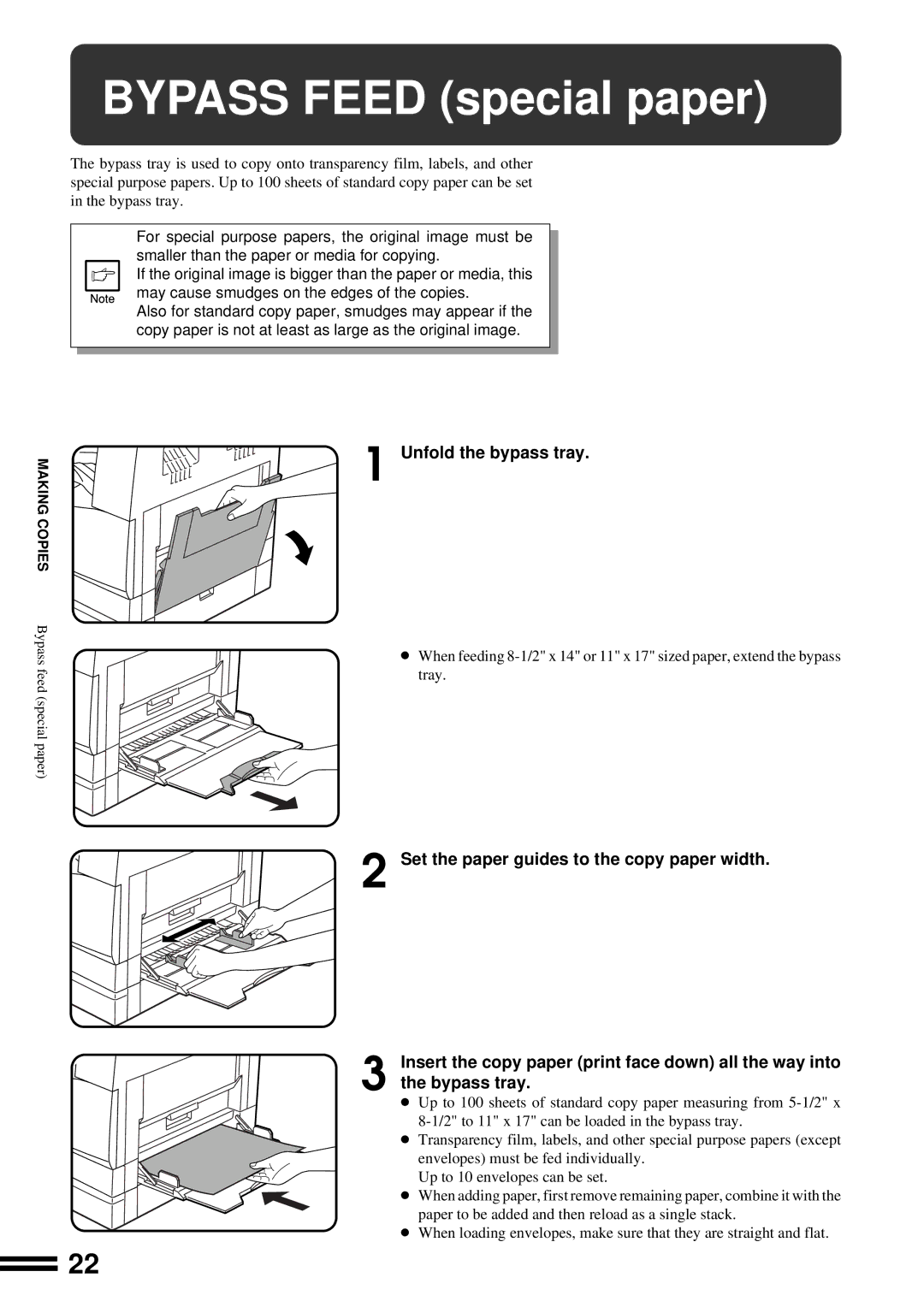 Sharp AL-1650 operation manual Bypass Feed special paper, Unfold the bypass tray 