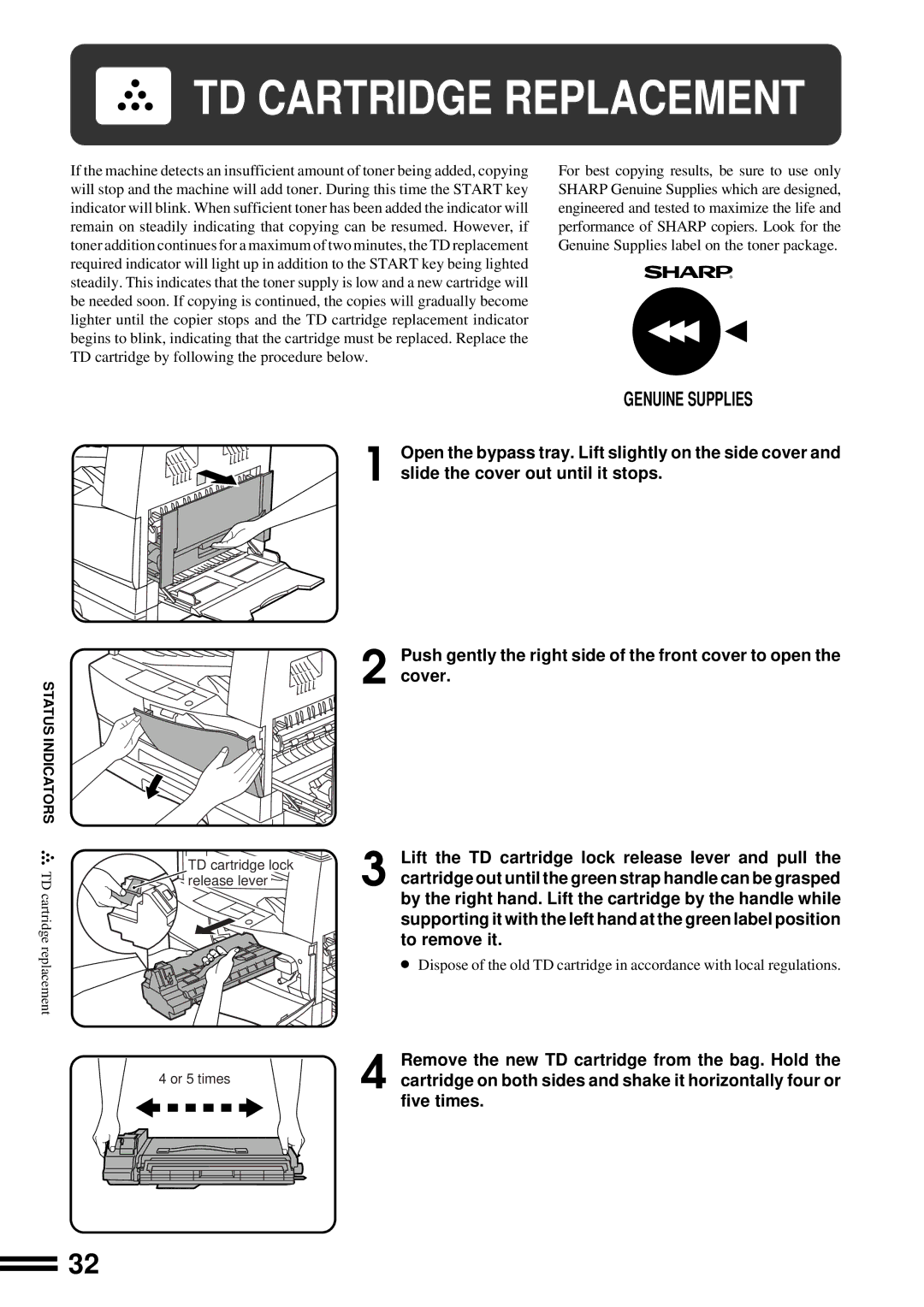 Sharp AL-1650 operation manual TD Cartridge Replacement, Genuine Supplies 