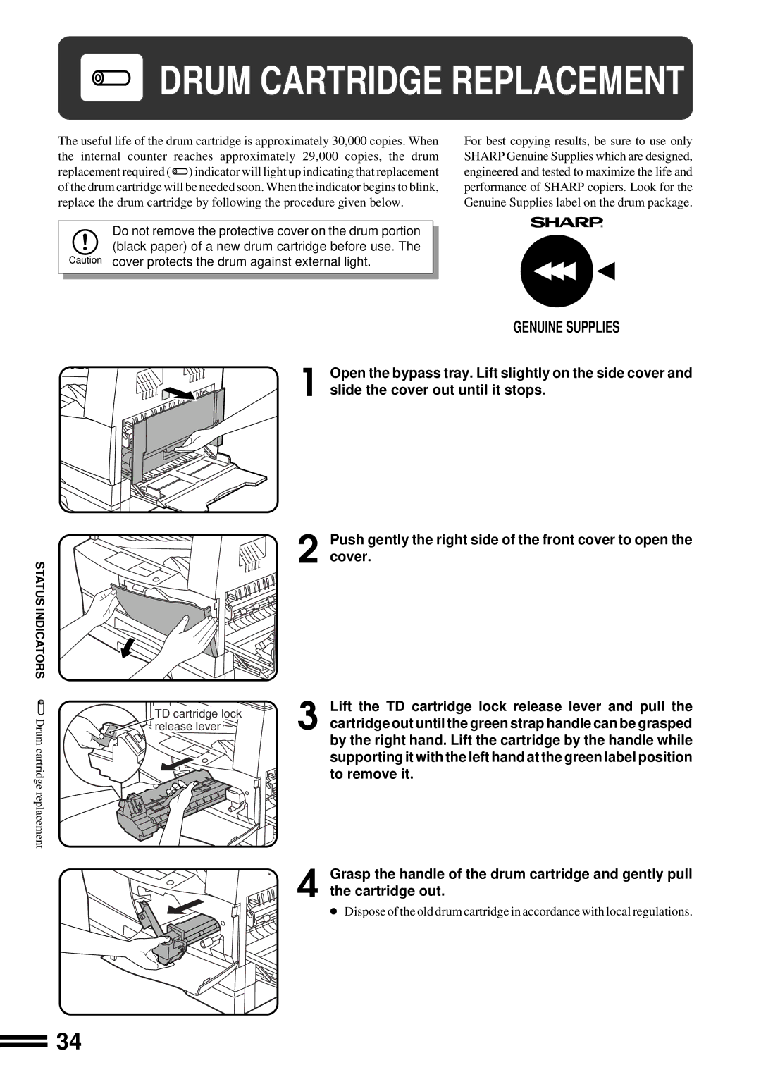 Sharp AL-1650 operation manual To remove it, Cartridge out until the green strap handle can be grasped 