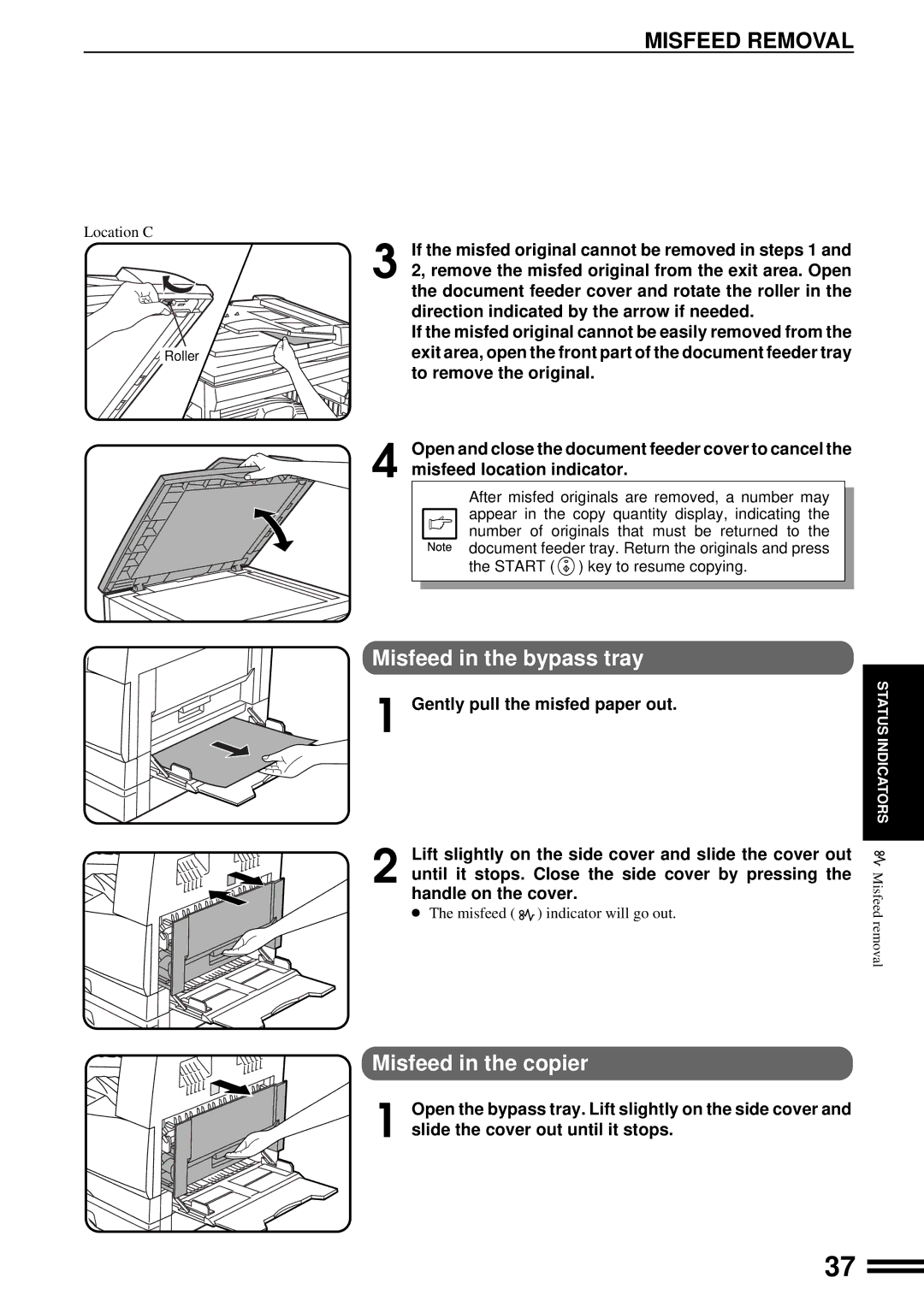 Sharp AL-1650 Misfeed Removal, Misfeed in the bypass tray, Misfeed in the copier, Gently pull the misfed paper out 