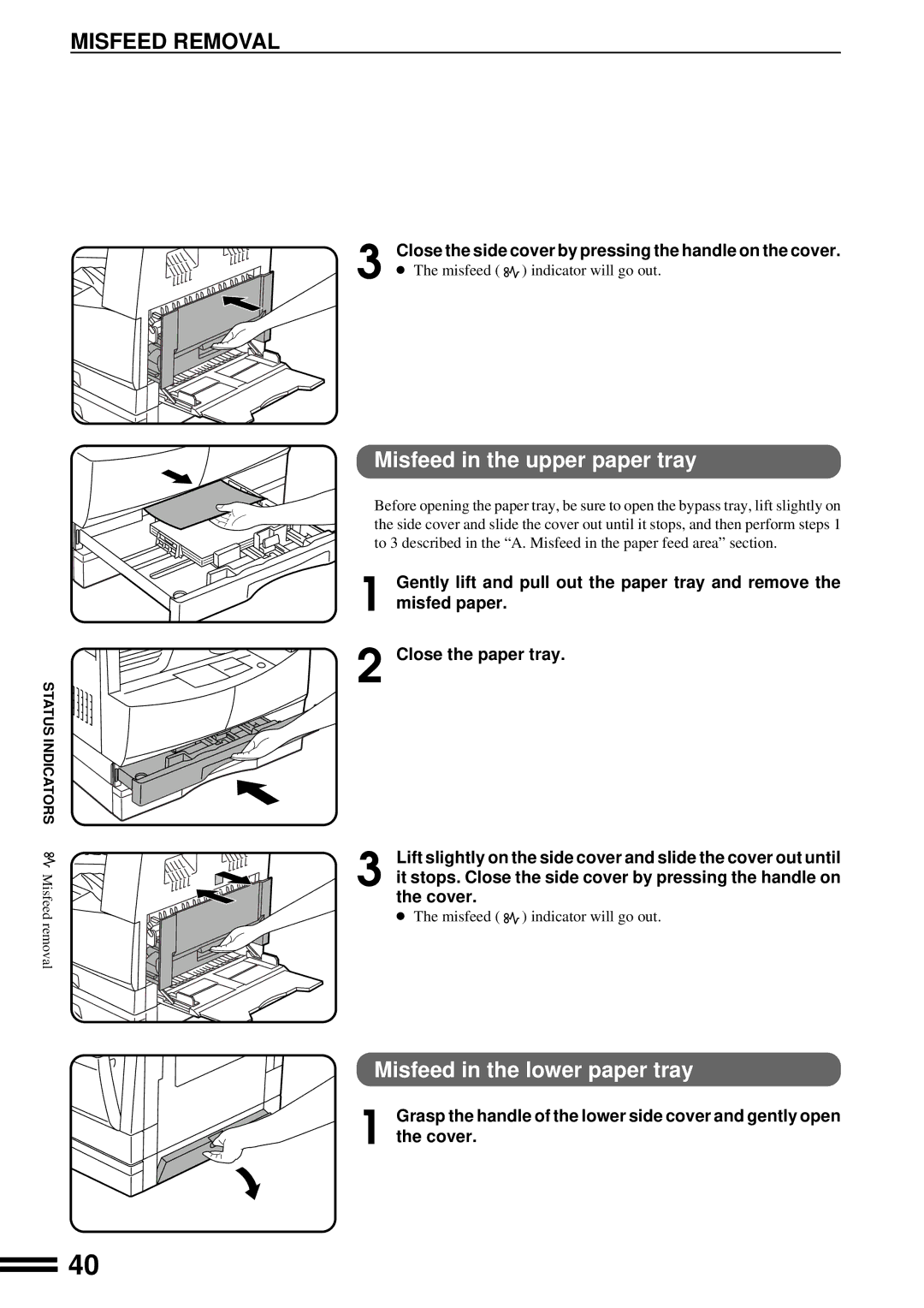 Sharp AL-1650 operation manual Misfeed in the upper paper tray, Misfeed in the lower paper tray 