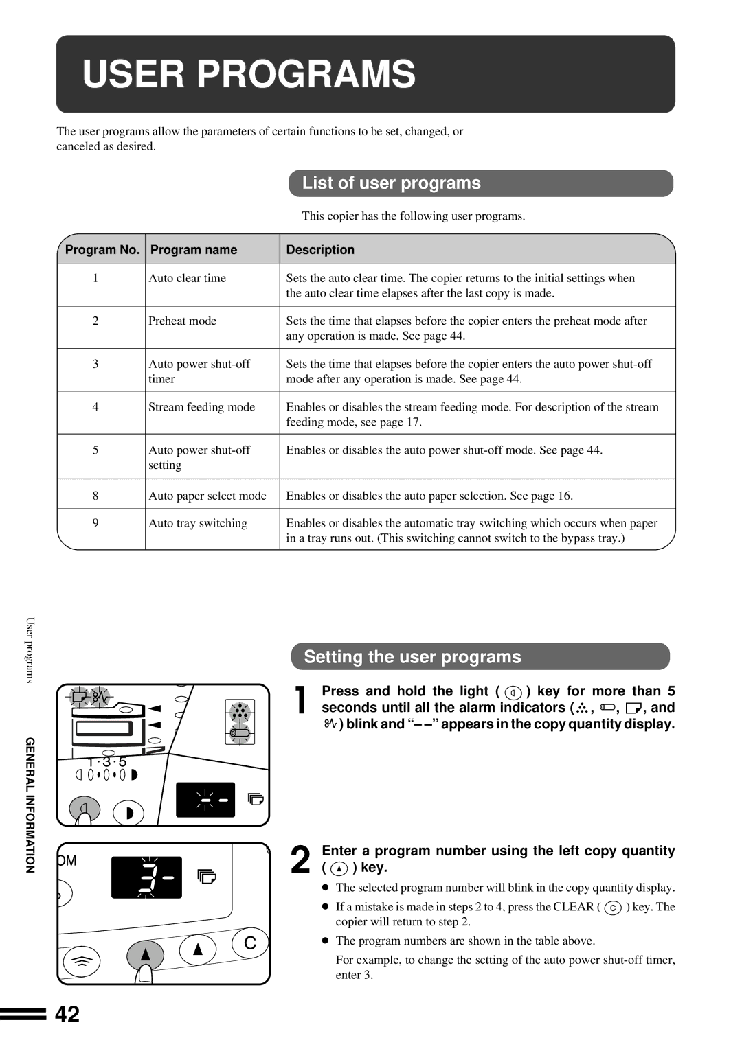 Sharp AL-1650 User Programs, List of user programs, Setting the user programs, Press and hold the light key for more than 