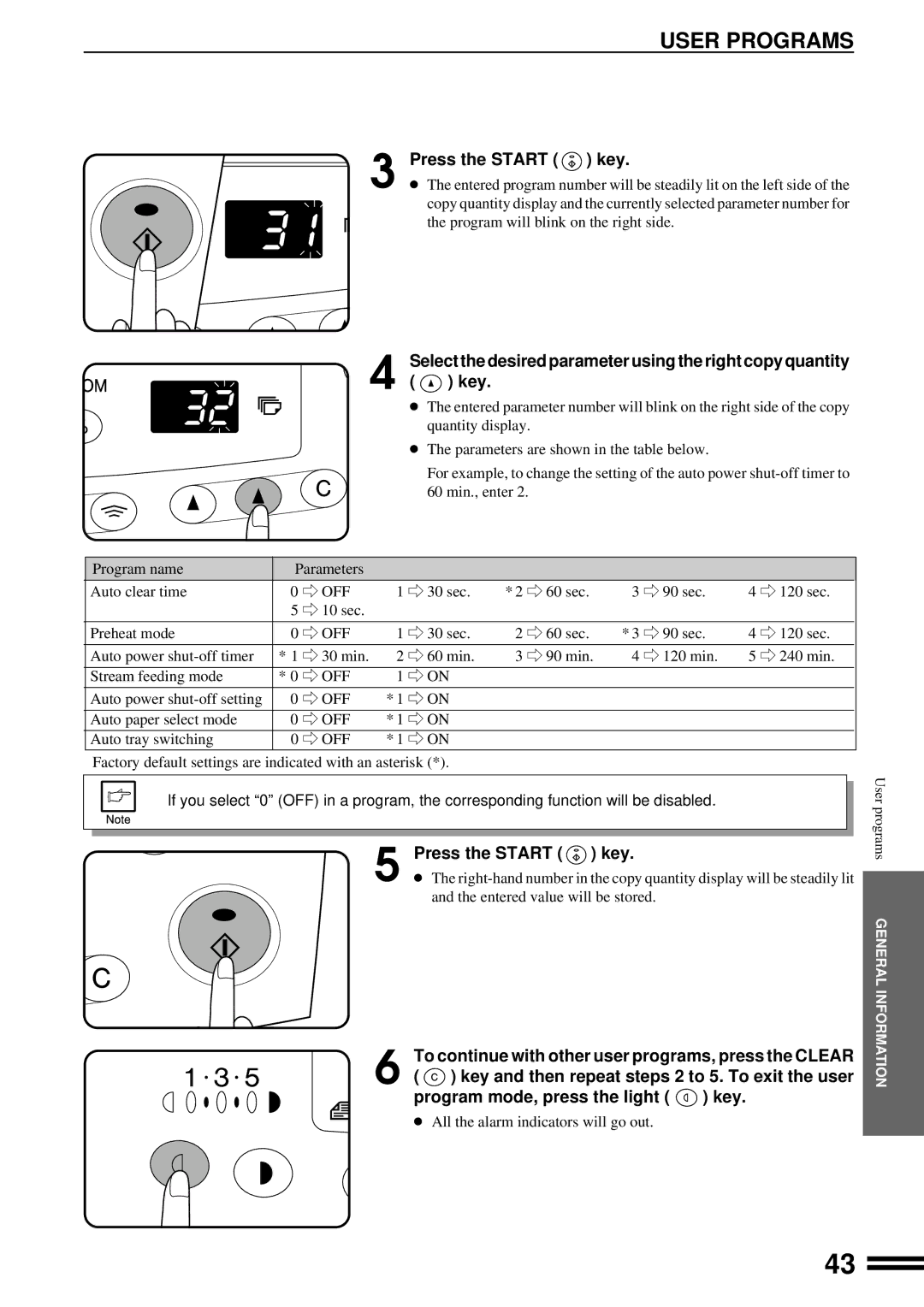 Sharp AL-1650 operation manual User Programs, Select the desired parameter using the right copy quantity 