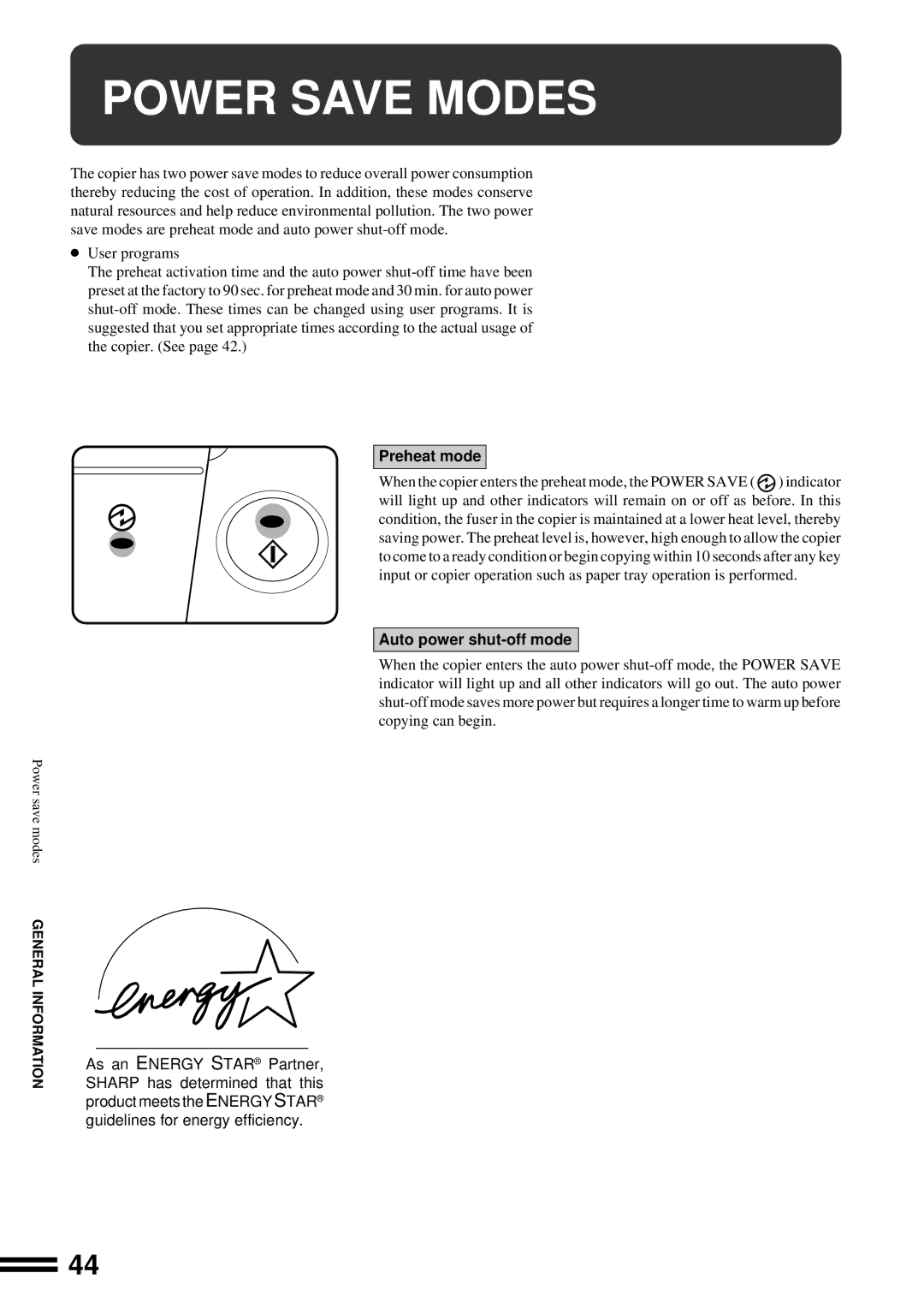 Sharp AL-1650 operation manual Power Save Modes, Preheat mode, Auto power shut-off mode 