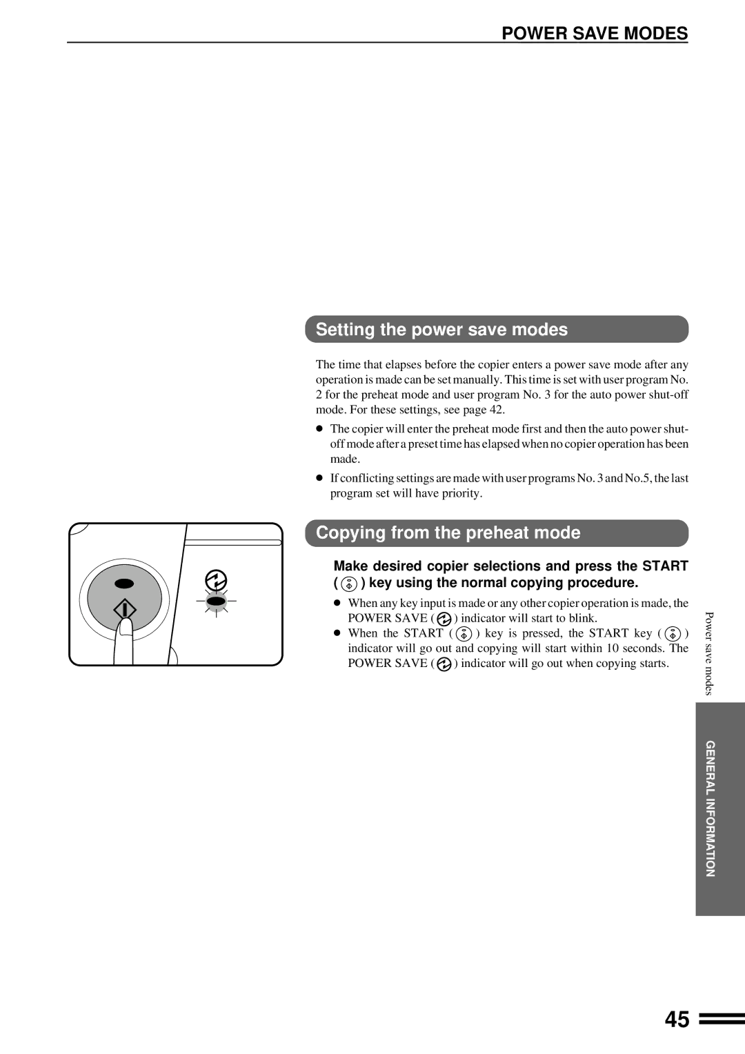 Sharp AL-1650 operation manual Power Save Modes, Setting the power save modes, Copying from the preheat mode 