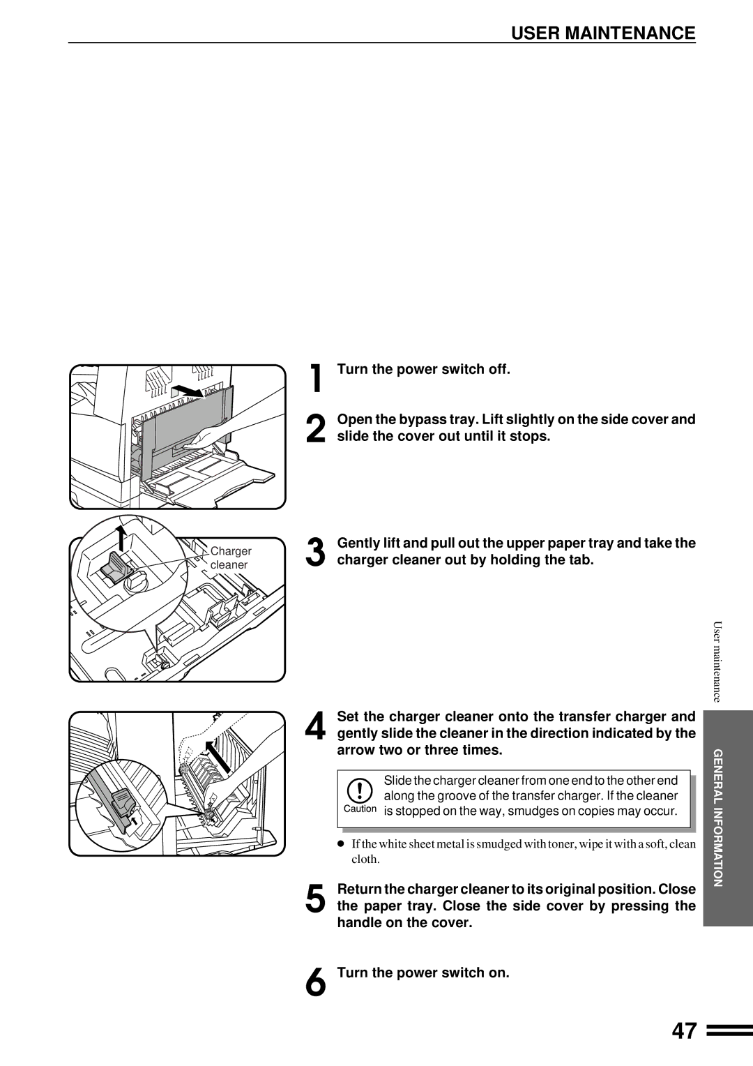 Sharp AL-1650 operation manual User Maintenance, Charger cleaner out by holding the tab 