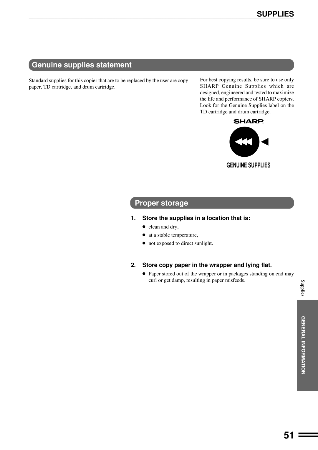 Sharp AL-1650 Supplies, Genuine supplies statement, Proper storage, Store copy paper in the wrapper and lying flat 