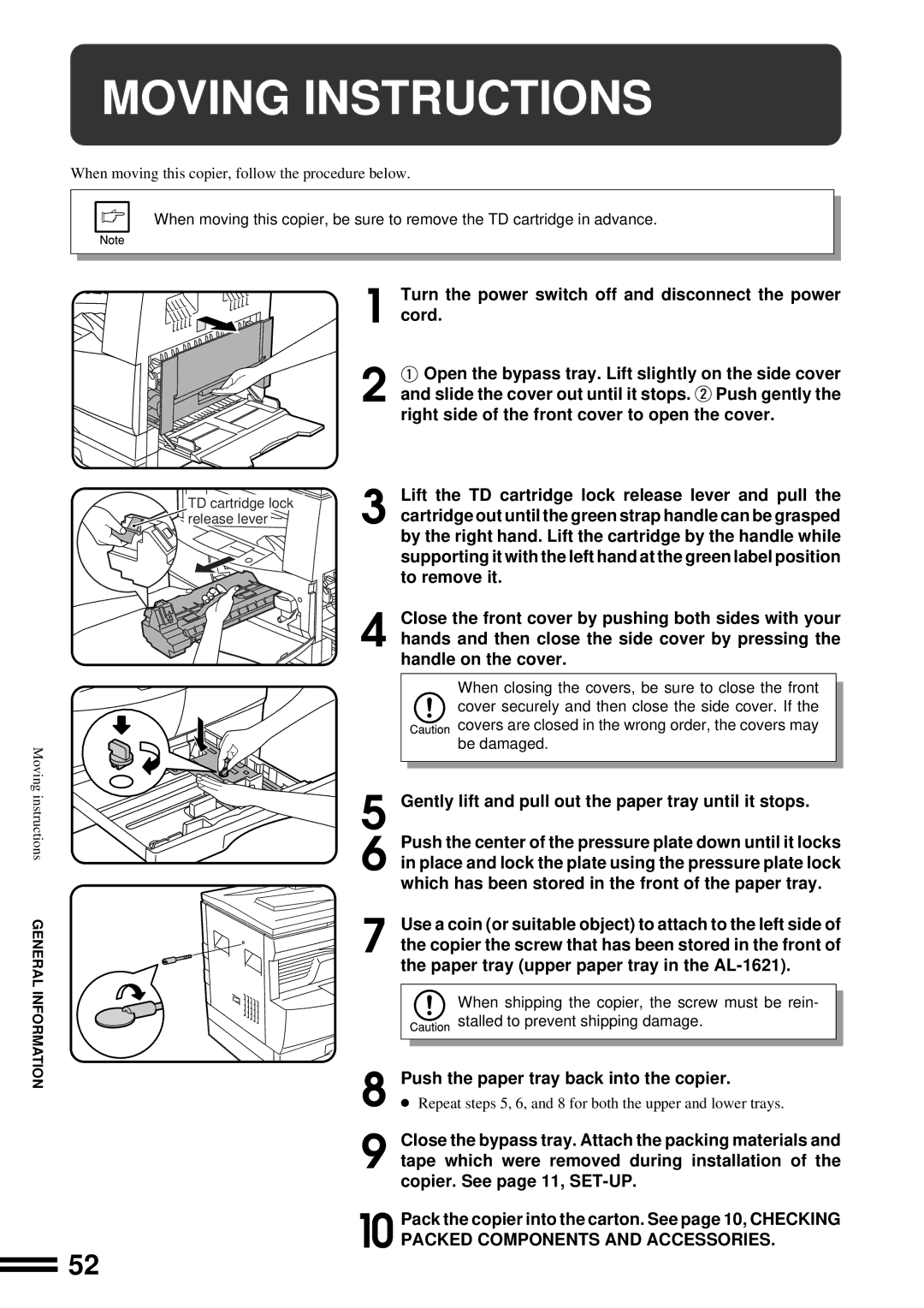 Sharp AL-1650 operation manual Moving Instructions, Turn the power switch off and disconnect the power Cord 