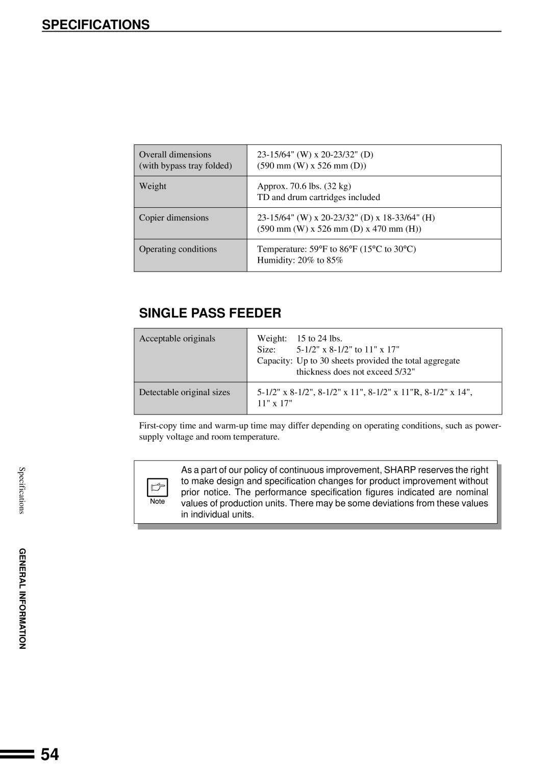 Sharp AL-1650 operation manual Specifications, Single Pass Feeder 