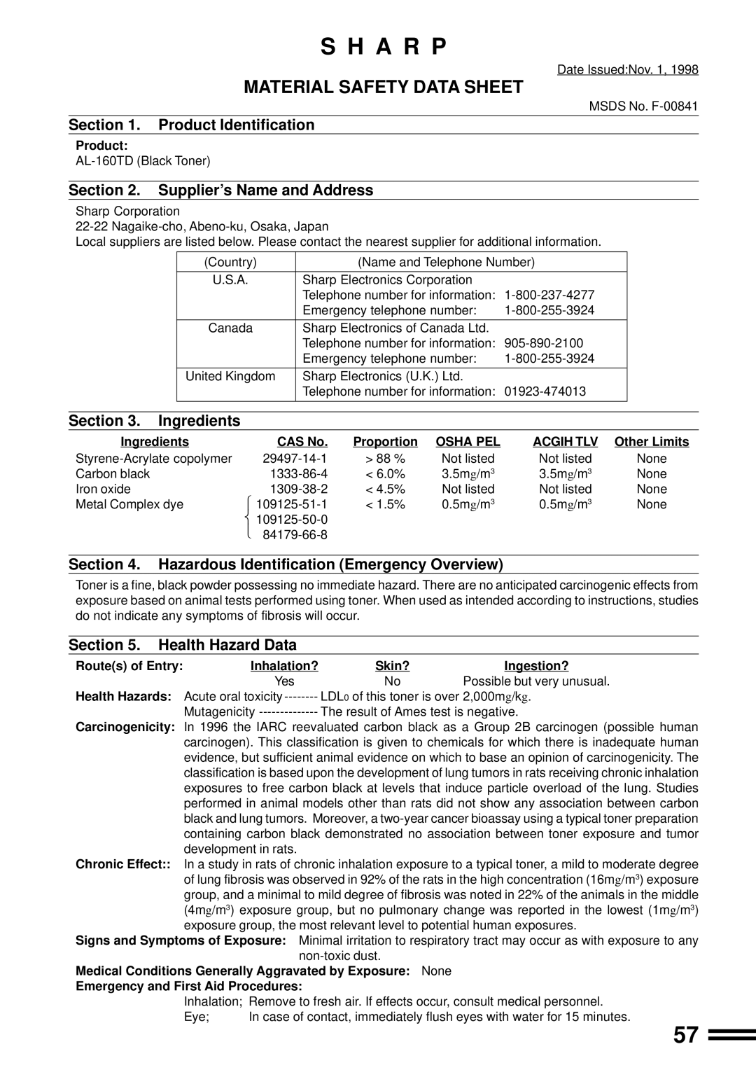 Sharp AL-1650 operation manual Material Safety Data Sheet 