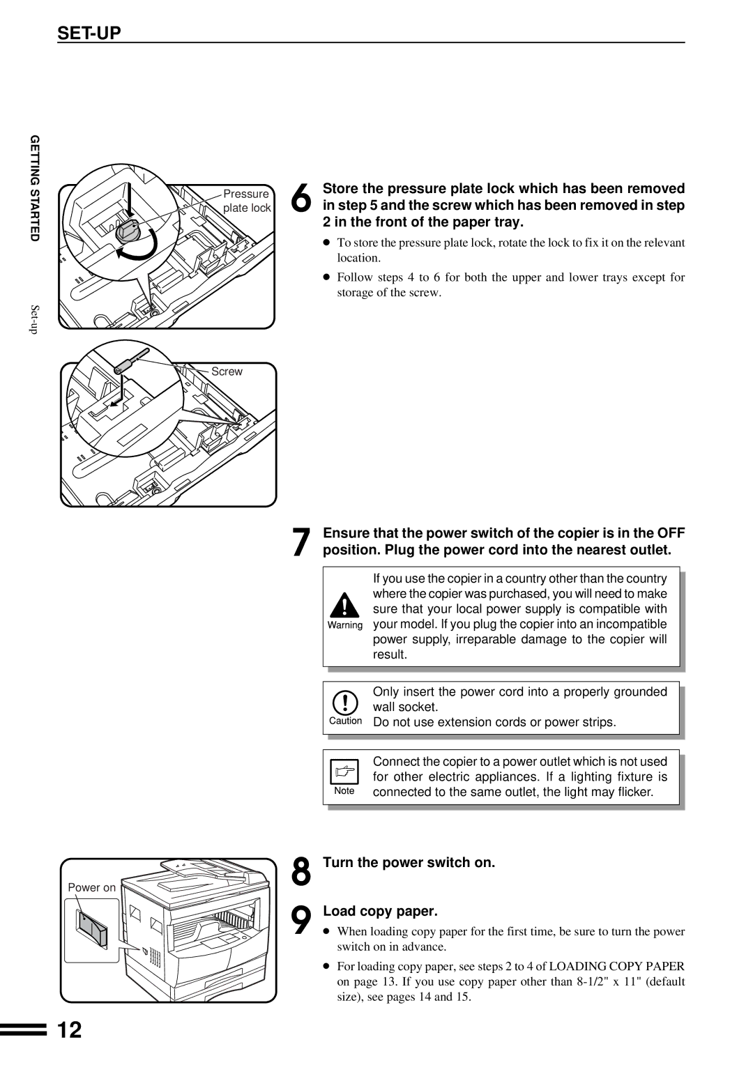 Sharp AL-1670 operation manual Set-Up, Front of the paper tray, Turn the power switch on Load copy paper 