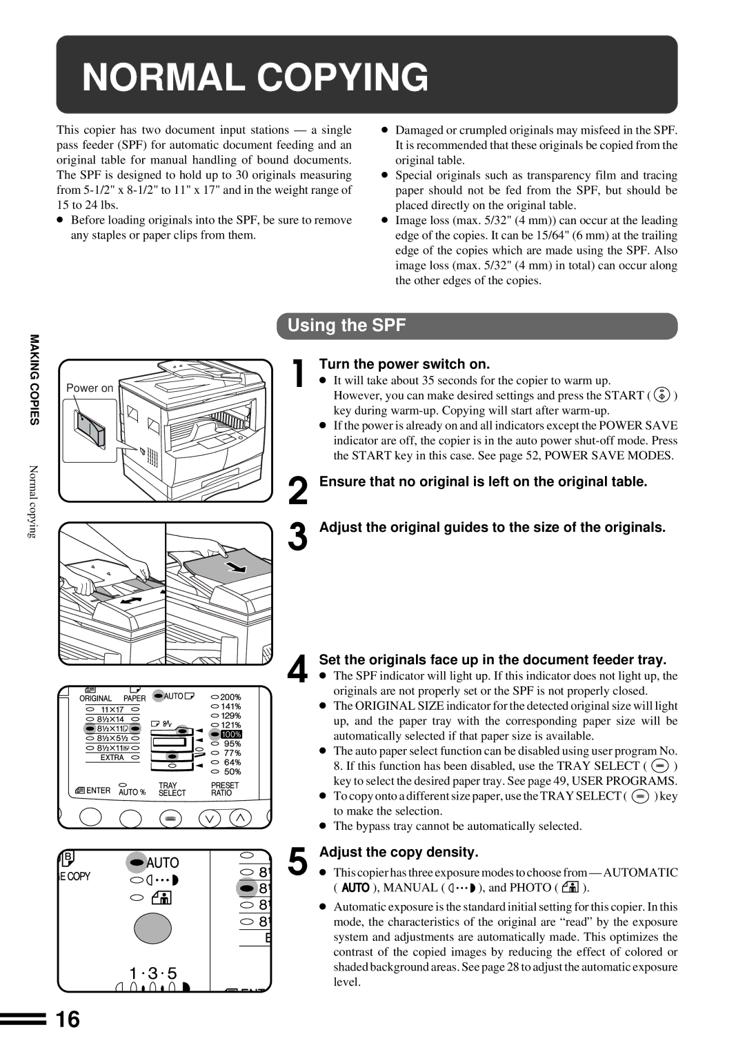 Sharp AL-1670 operation manual Normal Copying, Using the SPF, Turn the power switch on 