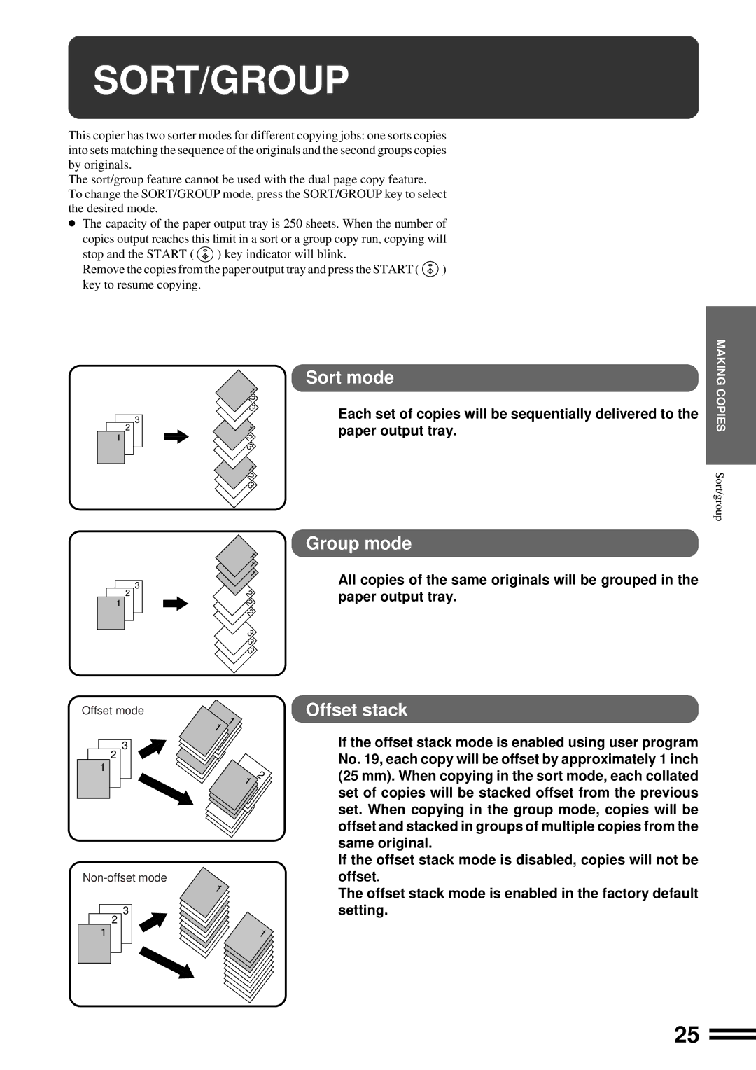 Sharp AL-1670 operation manual Sort/Group, Sort mode, Group mode, Offset stack 